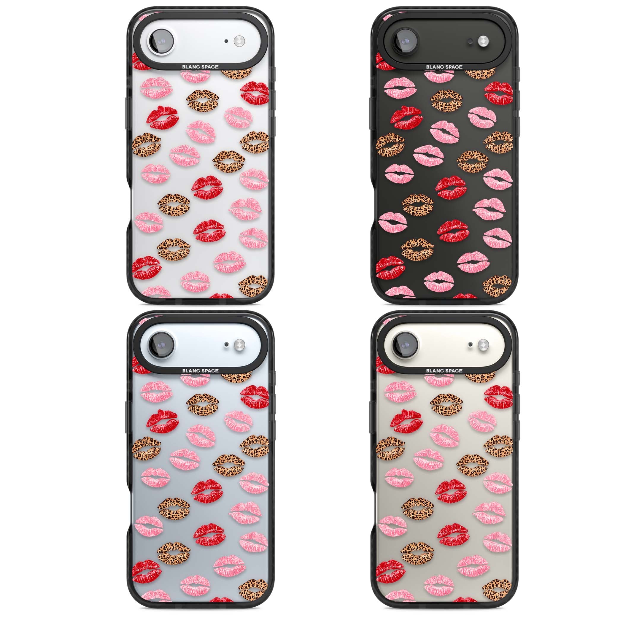 Wild Kisses coquette iPhone case featuring red, pink and leopard print lipstick kiss marks on a clear background | Clear Impact case for iPhone Air