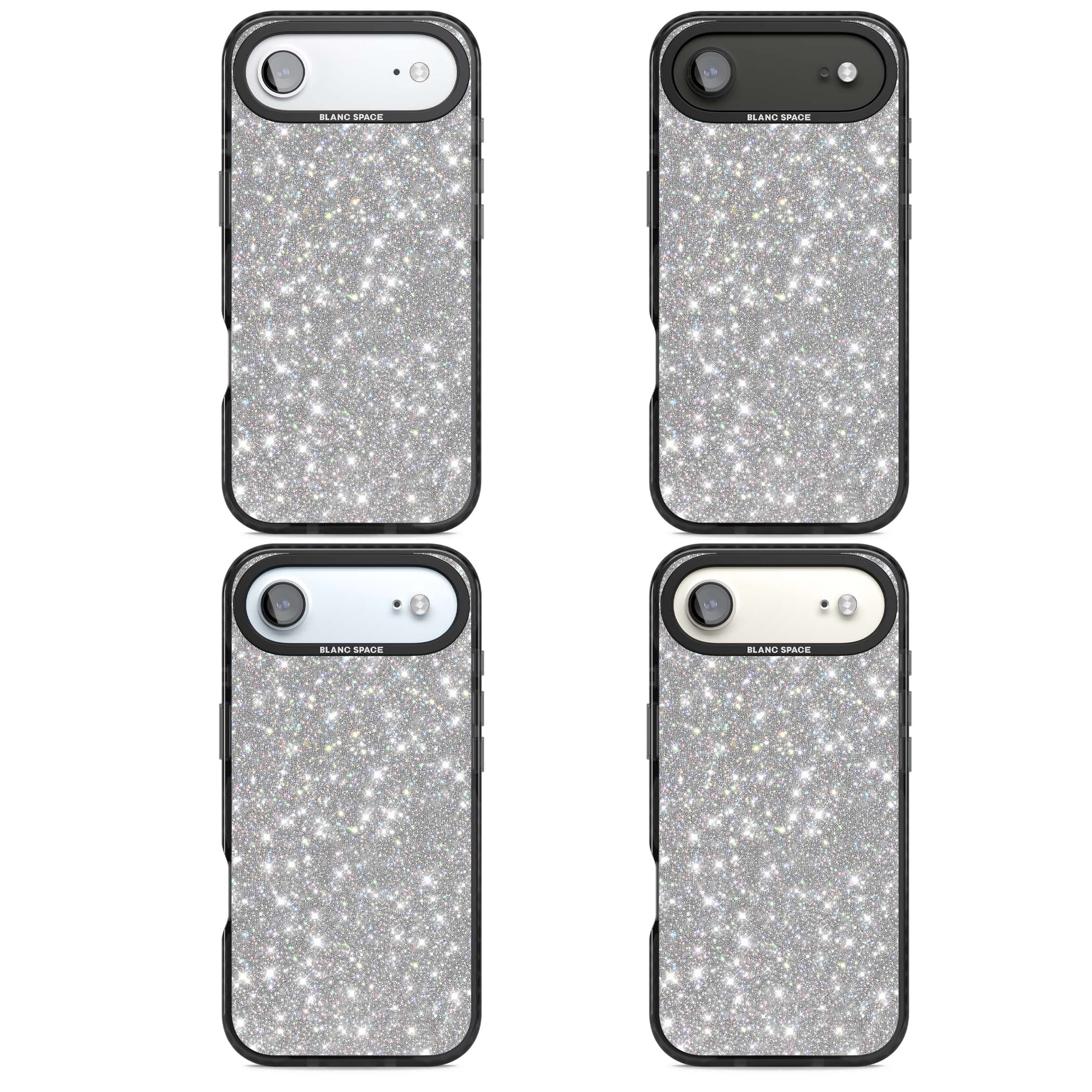 Diamond glam iPhone case featuring silver glitter sparkle and shimmering diamond dust effect | Clear Impact case for iPhone Air