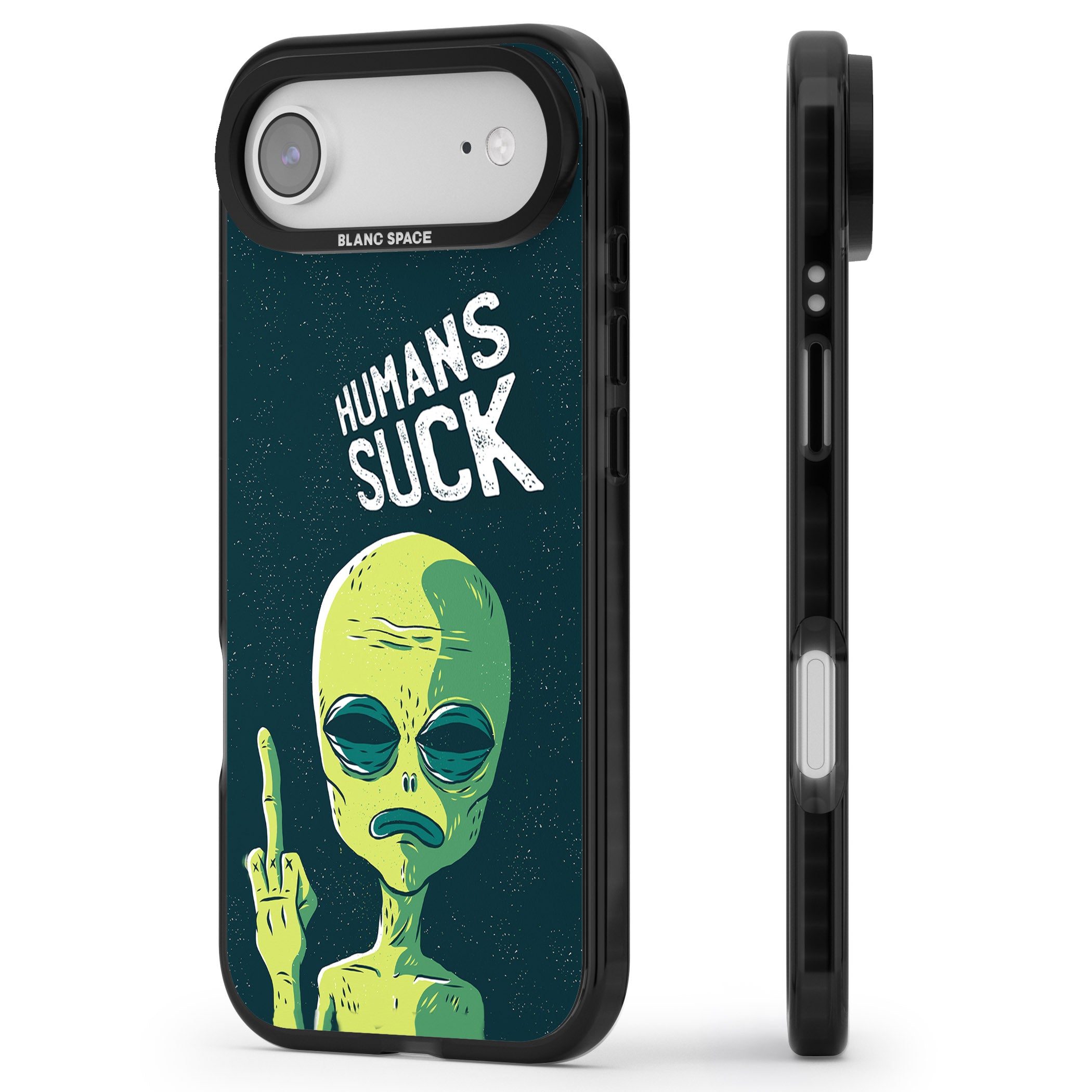 Humans Suck Alien iPhone 17 Air Impact Black Phone Case Side Profile