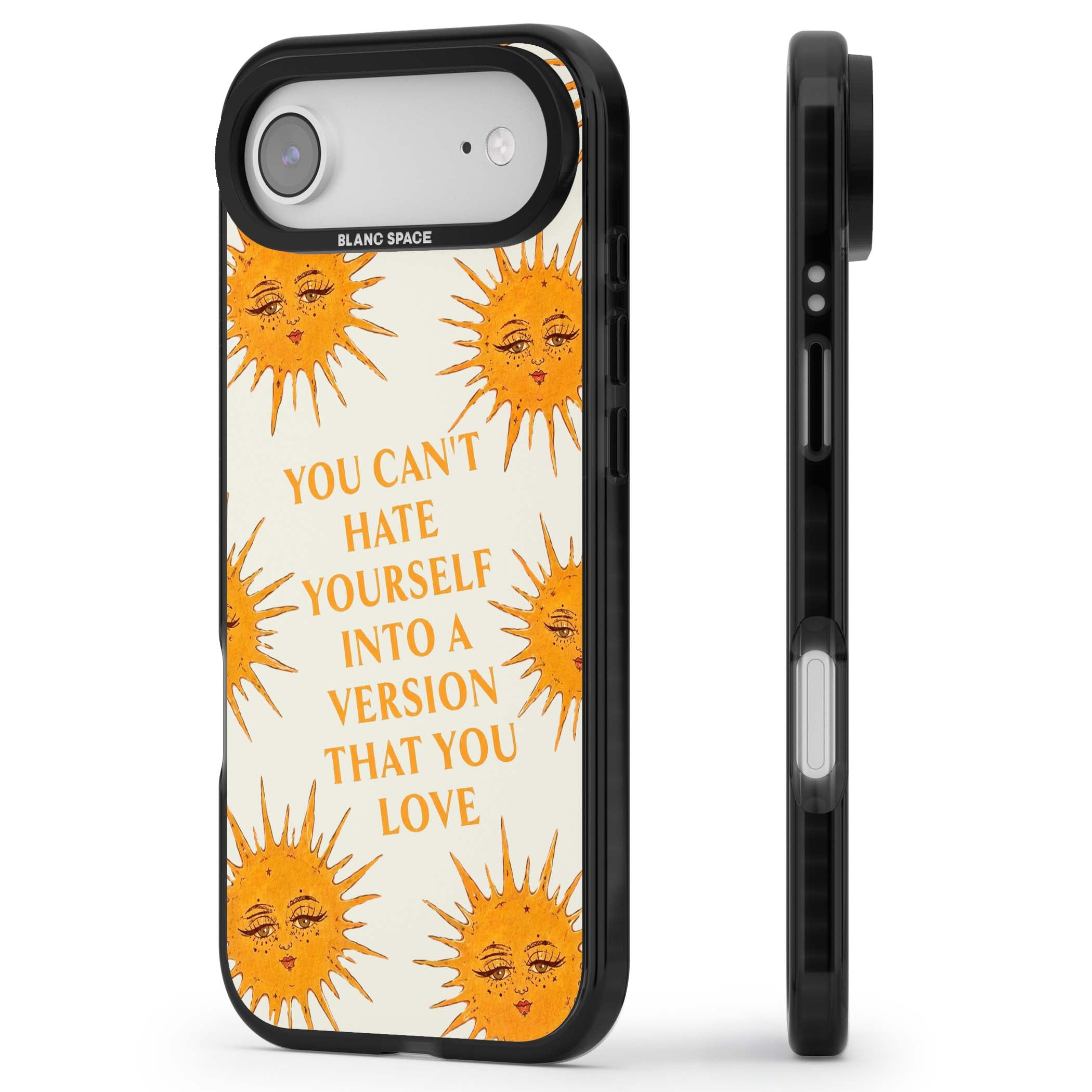 Don't Hate Yourself celestial iPhone case featuring vintage sun faces, ochre rays and a self-love quote | Clear Impact case for iPhone Air