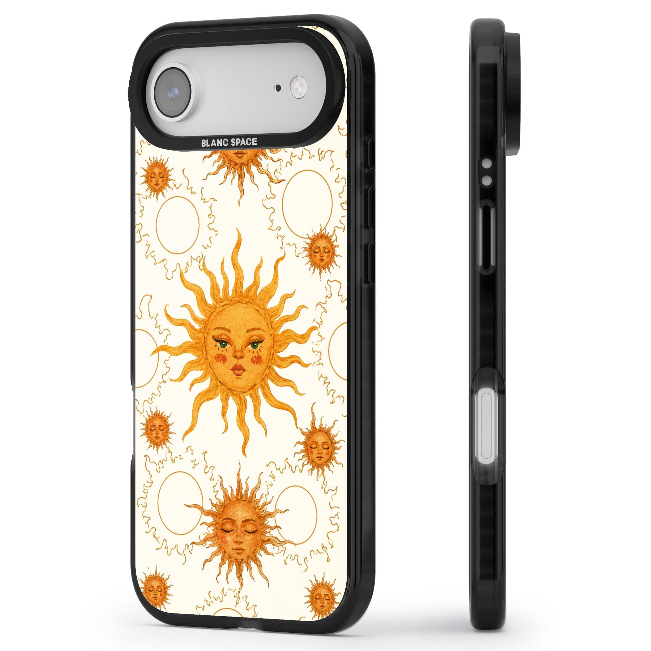 Solstice Muse celestial iPhone case featuring hand-painted golden sun faces, closed-eye sun goddesses and outlined moons... | Clear Impact case for iPhone Air