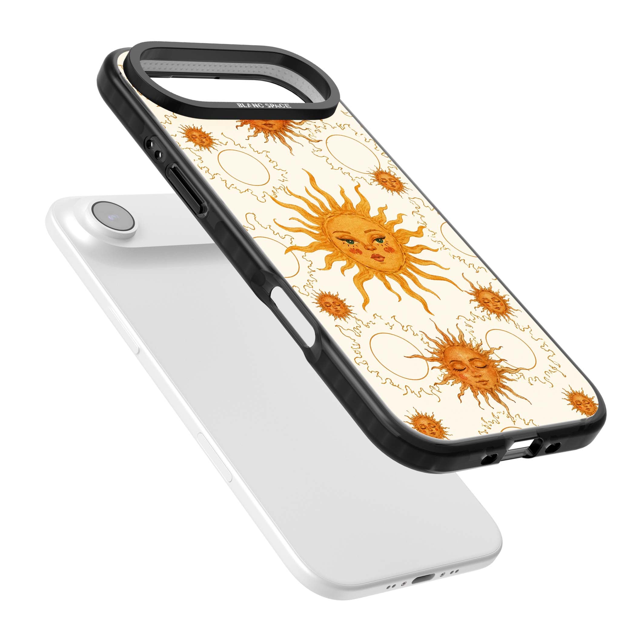 Solstice Muse celestial iPhone case featuring hand-painted golden sun faces, closed-eye sun goddesses and outlined moons... | Clear Impact case for iPhone Air