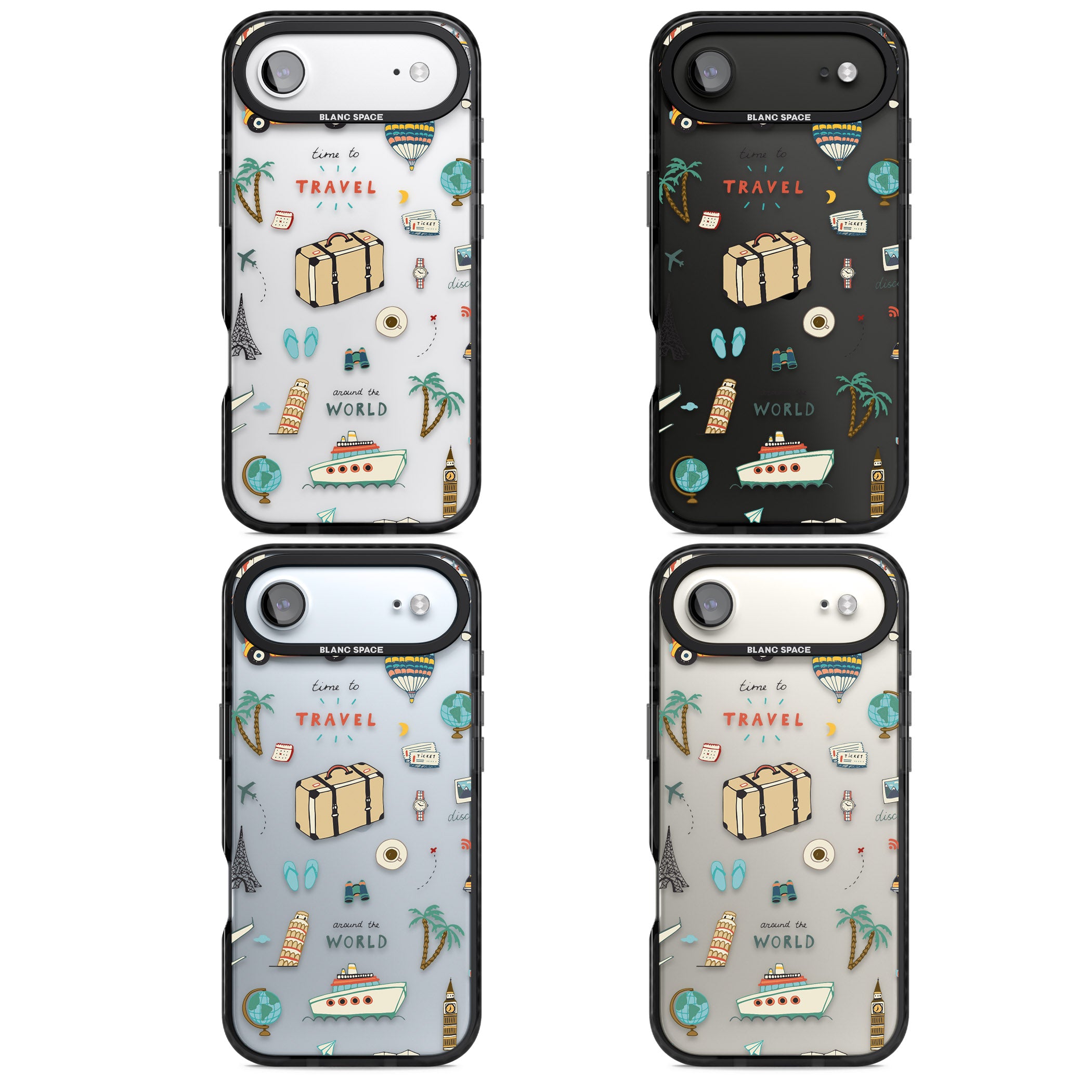 Cute Travel Pattern Transparent iPhone 17 Air Impact Black Phone Case APT Impact Protection