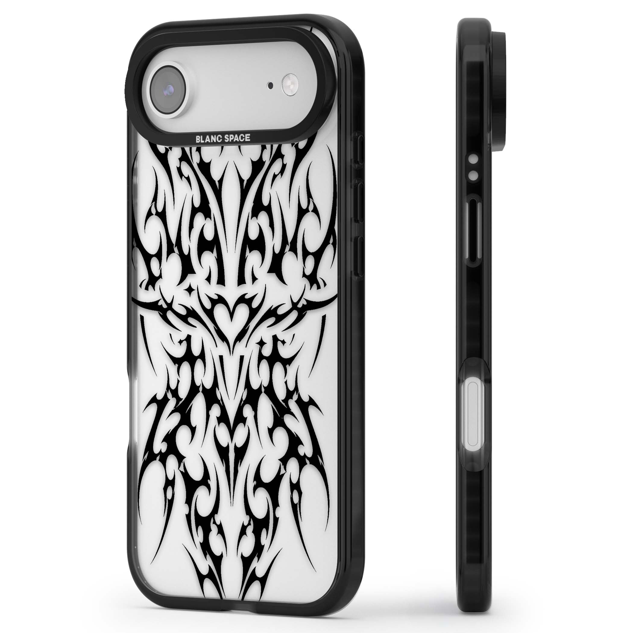 Neo Tribal Heart gothic iPhone case featuring symmetrical black tribal tattoo art with sharp thorn-like linework | Clear Impact case for iPhone Air