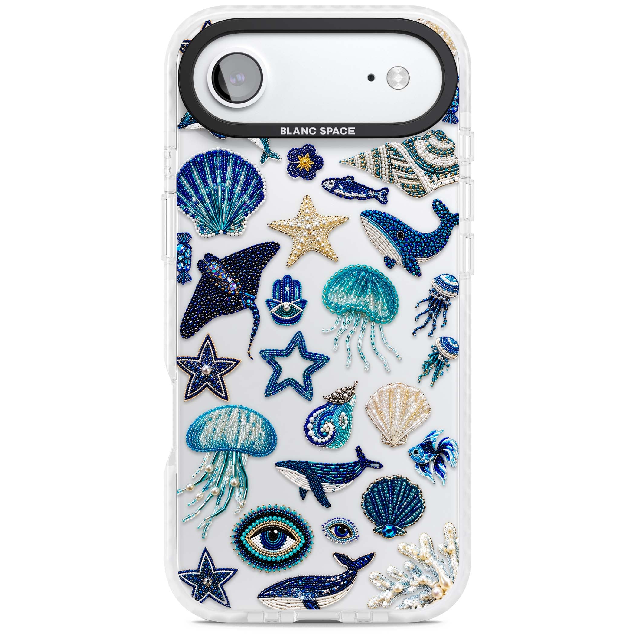 Beaded Coastal coastal iPhone case featuring embroidered seashells, jellyfish and a blue whale on clear | Black Impact case for iPhone Air