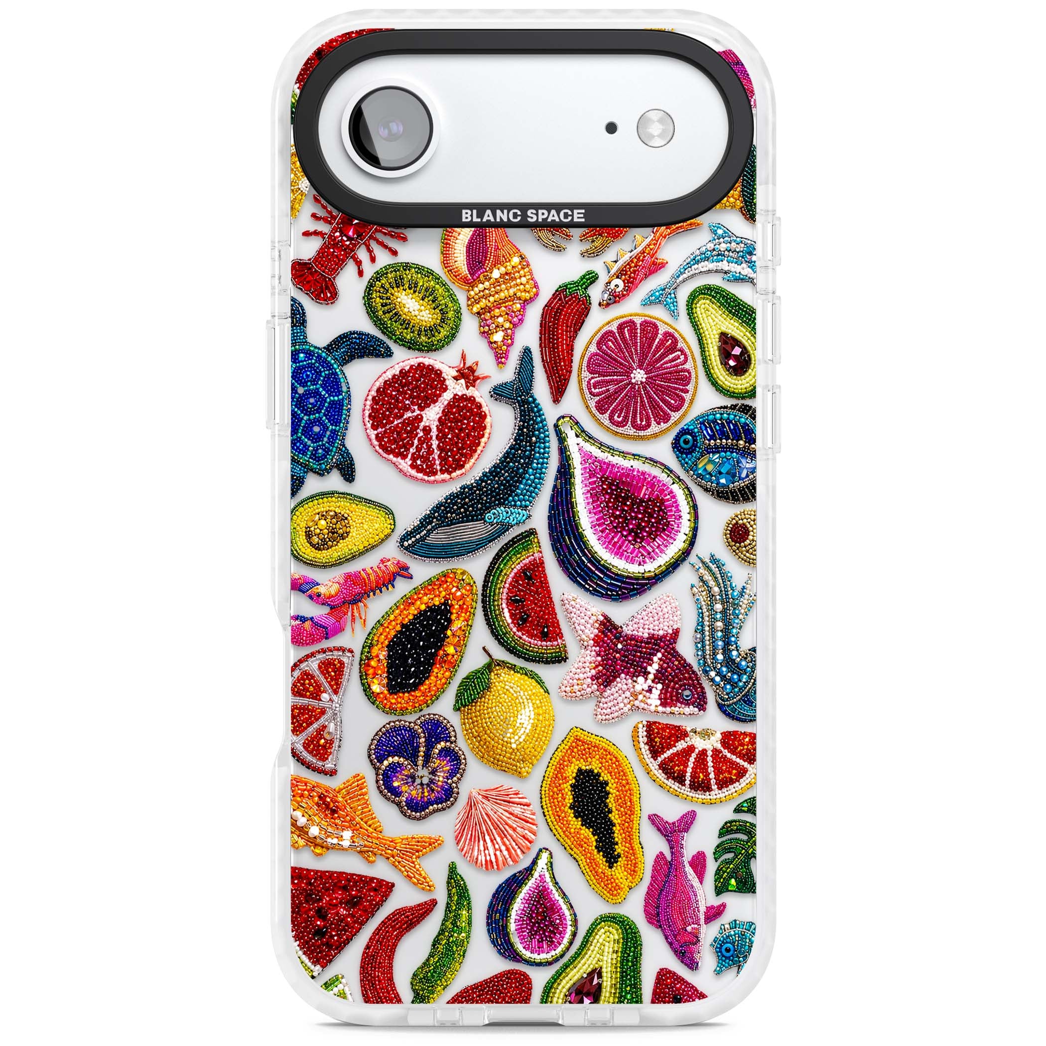Beaded Tropic tropical iPhone case featuring beaded fruit, fish, crabs and seashells in vibrant colour | Black Impact case for iPhone Air