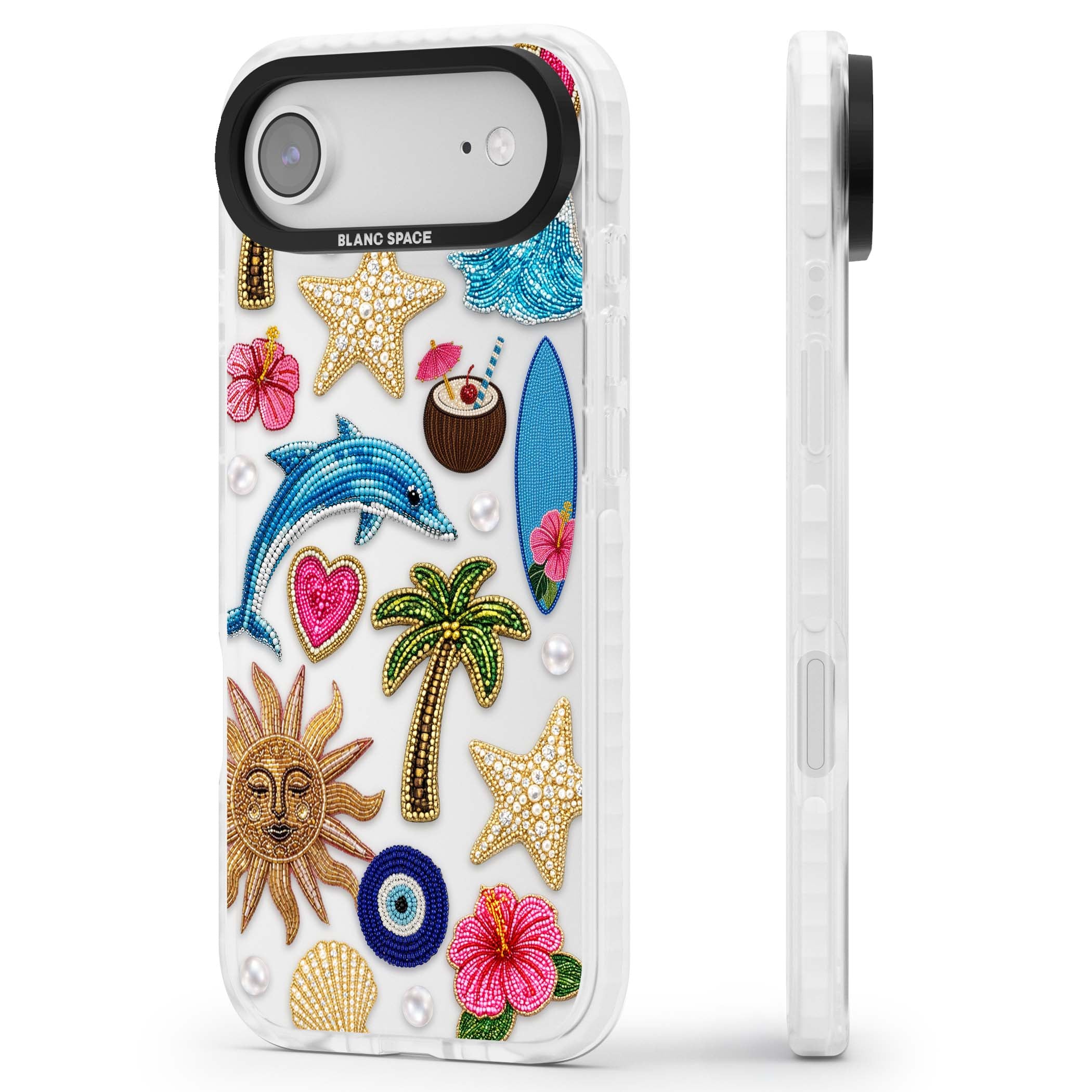 Beaded Beach coastal summer iPhone case featuring embroidered evil eye, hibiscus flowers, dolphin and palm tree patches | Black Impact case for iPhone Air