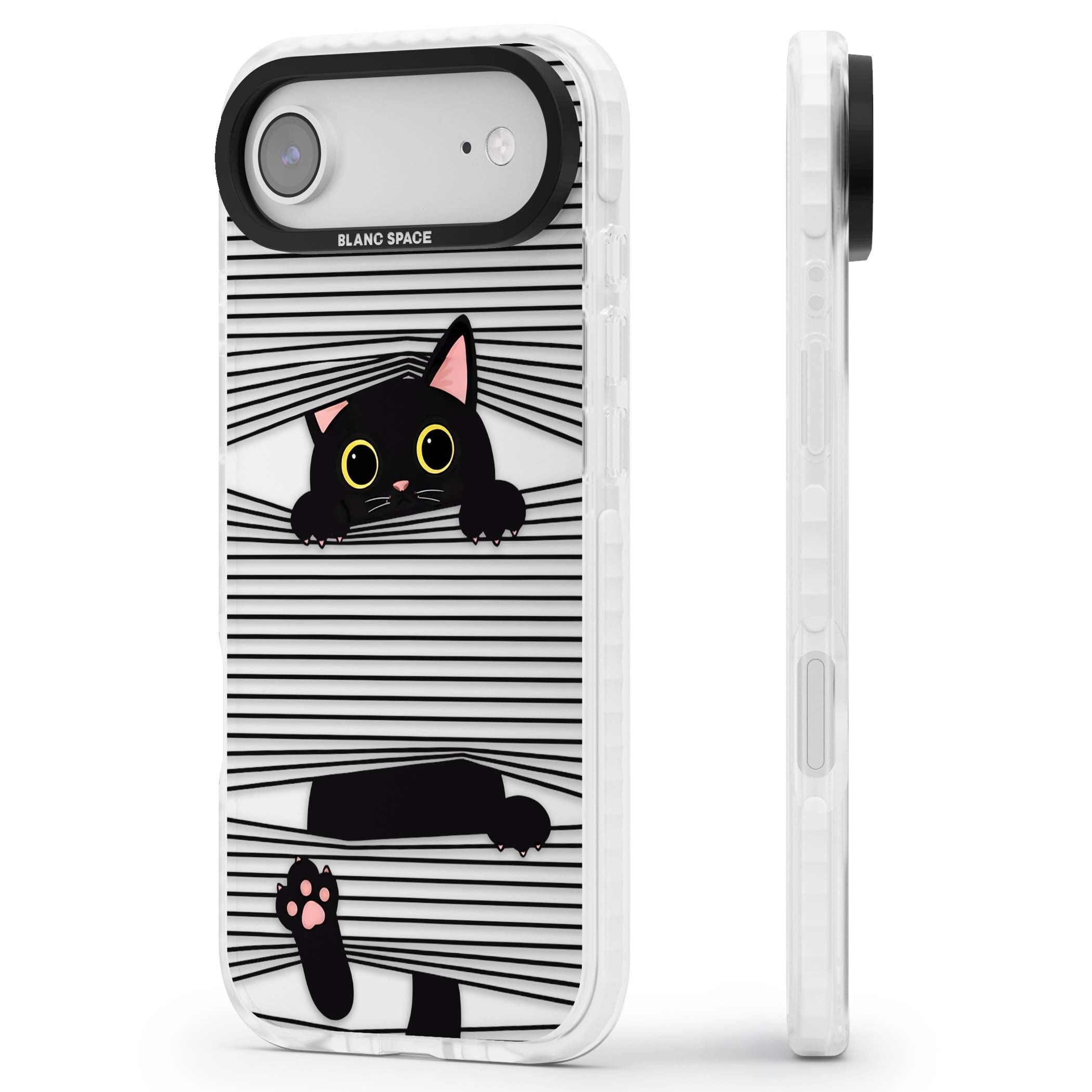 Peek-a-Boo Cat minimal iPhone case featuring black cat peeking through horizontal black and white stripes | Black Impact case for iPhone Air