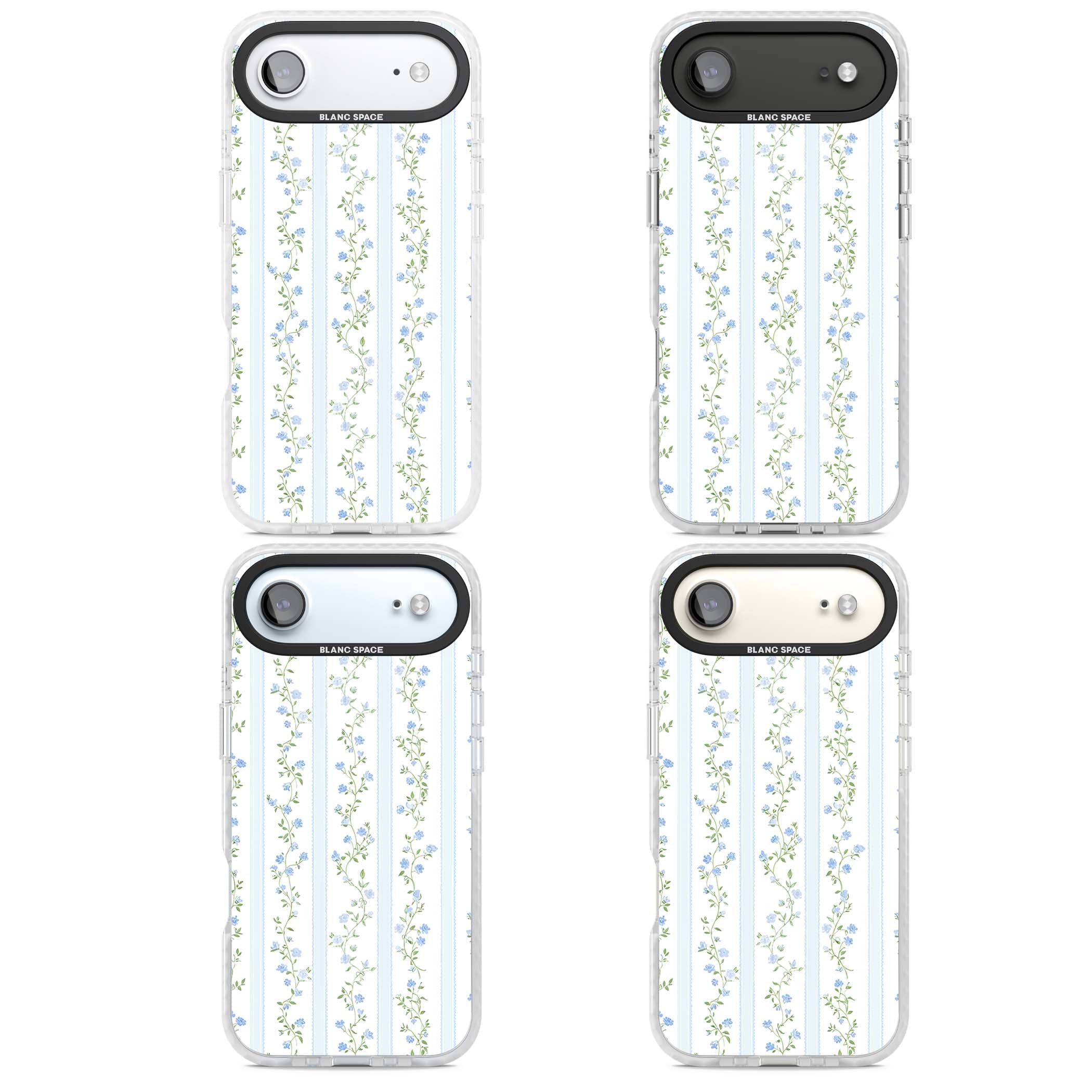 Bluebell Vine cottagecore iPhone case featuring climbing blue roses, trailing green vines, and pale ticking stripes | Black Impact case for iPhone Air