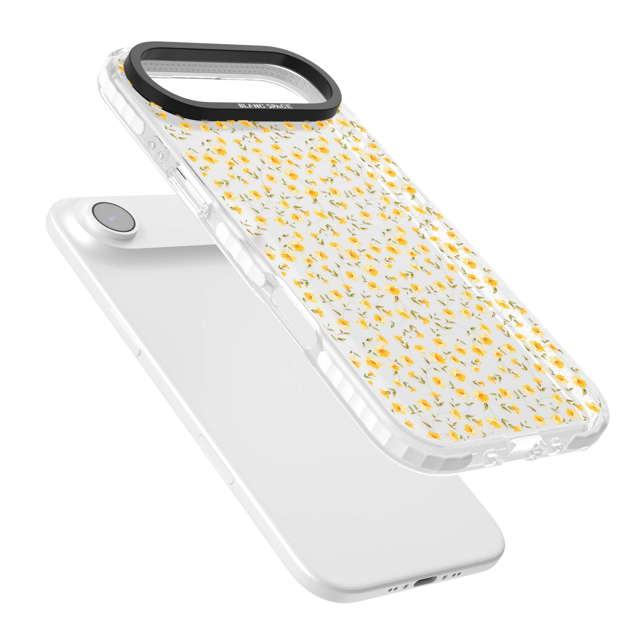 Buttercup wildflower iPhone case featuring tiny yellow flowers and trailing green vines on clear | Black Impact case for iPhone Air