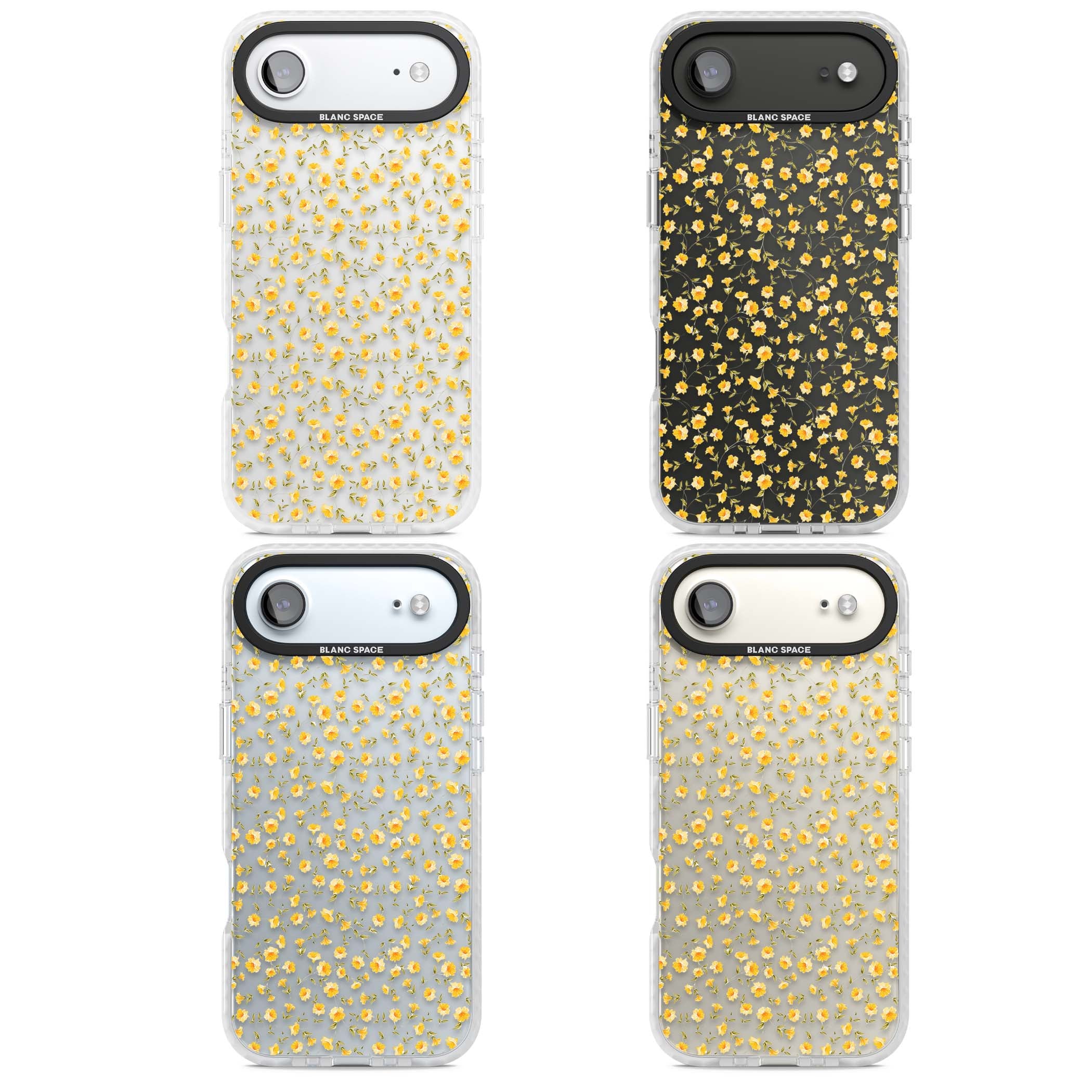 Buttercup wildflower iPhone case featuring tiny yellow flowers and trailing green vines on clear | Black Impact case for iPhone Air