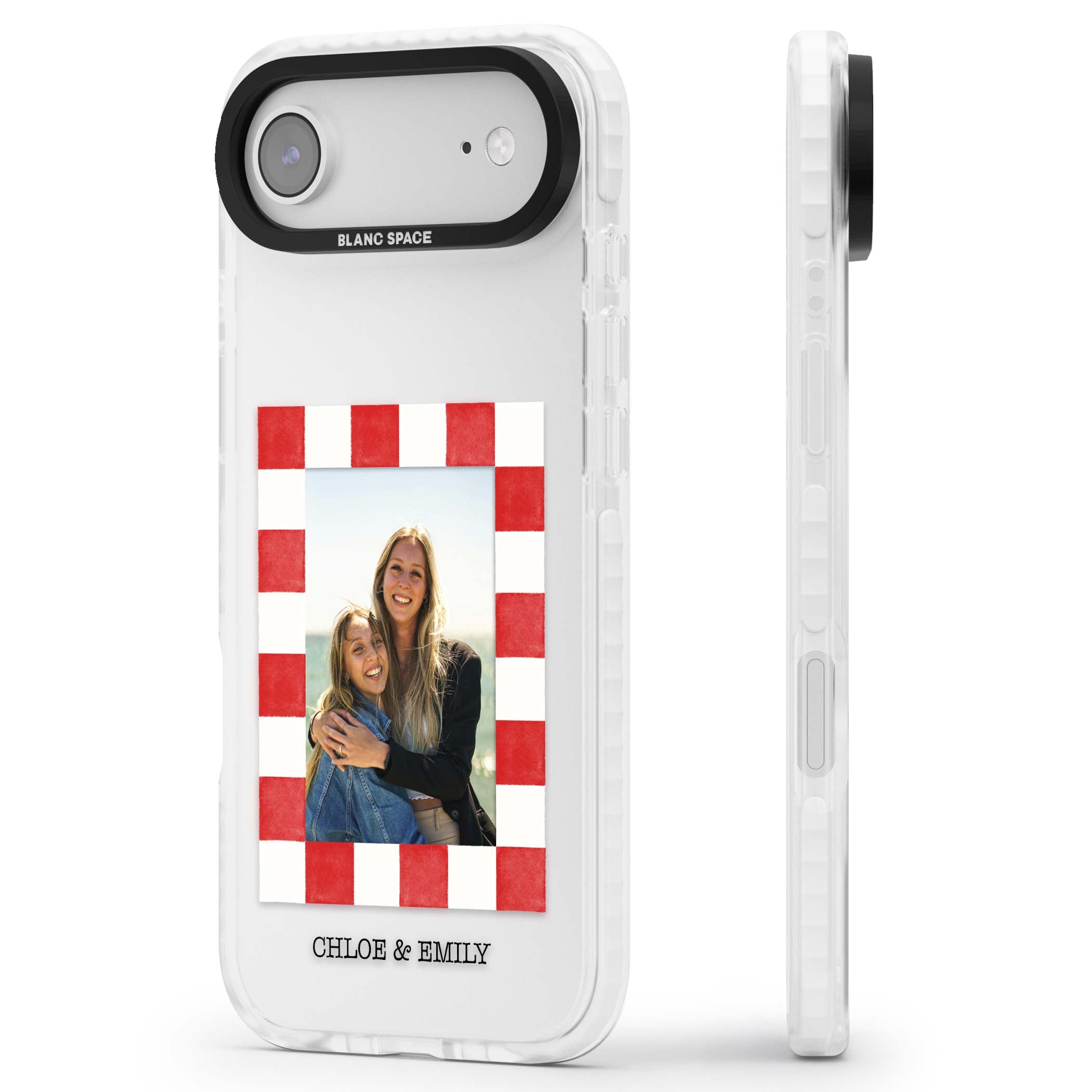 Red Check Photo personalised photo iPhone case with red and white checkered polaroid frame and custom couple name | Black Impact case for iPhone Air
