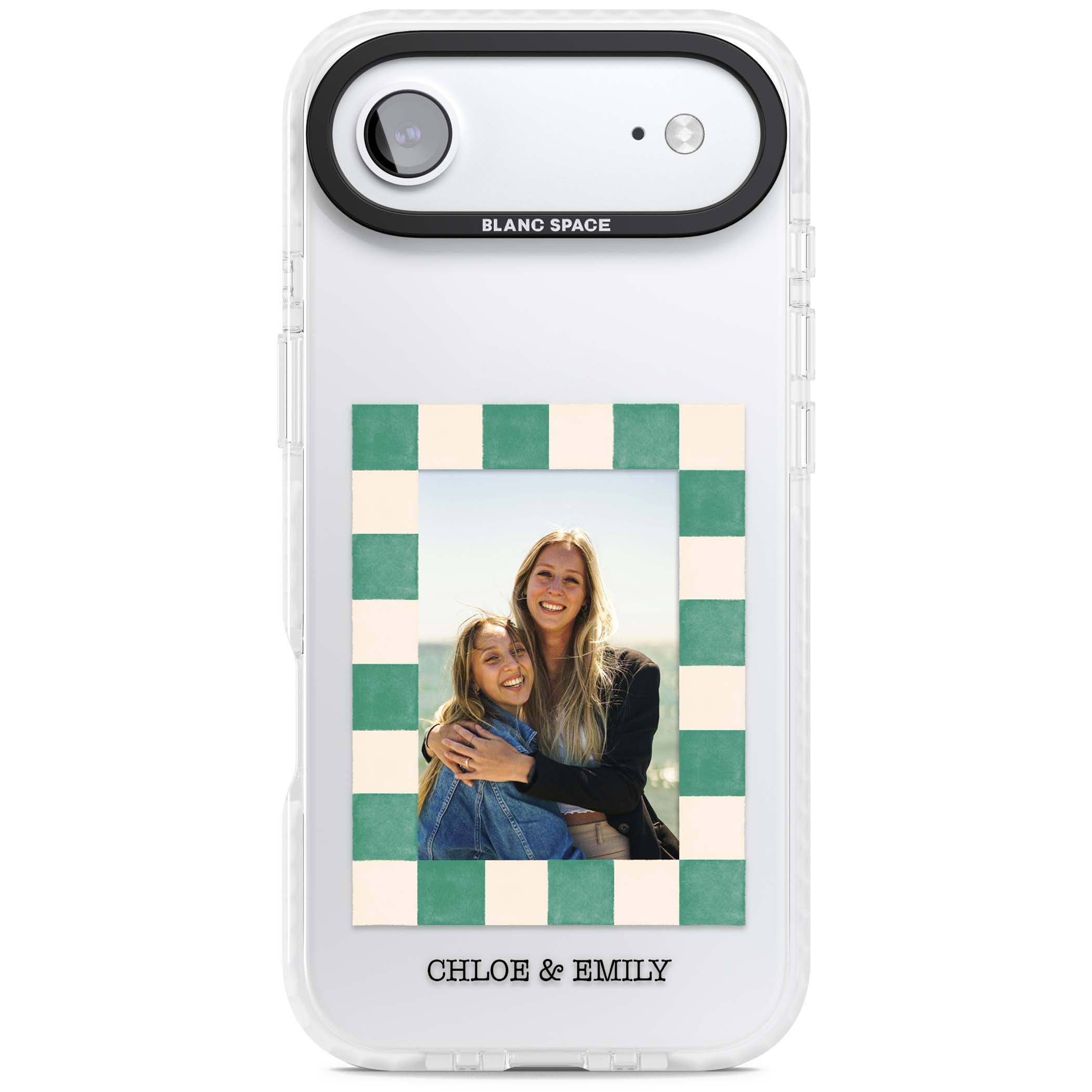 Seafoam Check Photo personalised iPhone case featuring a custom polaroid photo, green and cream checkered frame, and custom n | Black Impact case for iPhone Air