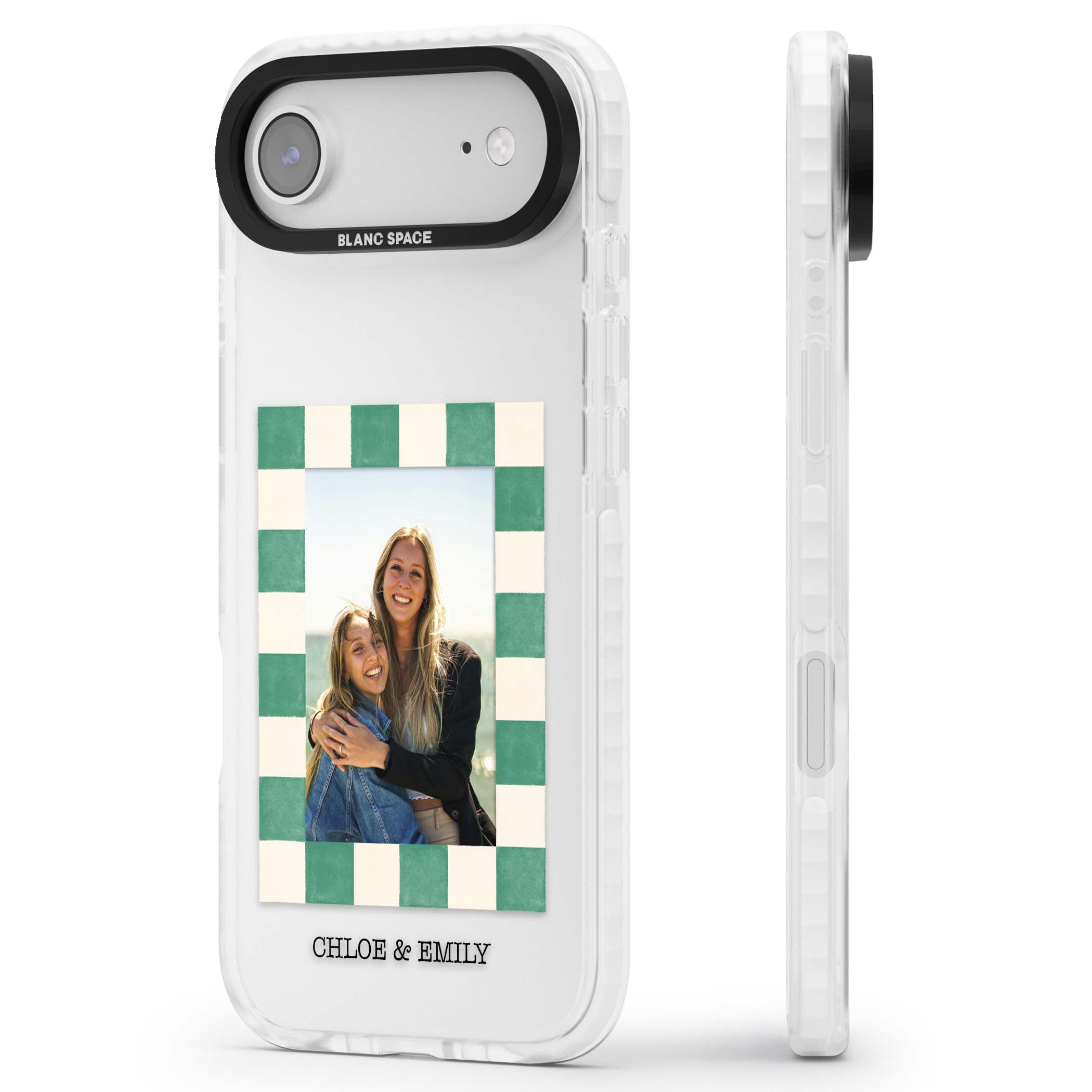 Seafoam Check Photo personalised iPhone case featuring a custom polaroid photo, green and cream checkered frame, and custom n | Black Impact case for iPhone Air