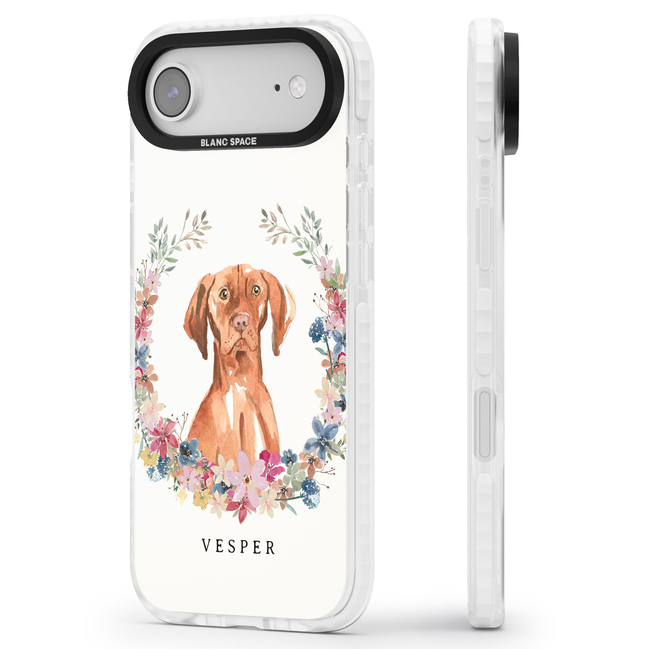 Personalised Hungarian Vizsla Floral Portrait iPhone 17 Air Impact Clear Phone Case Side Profile