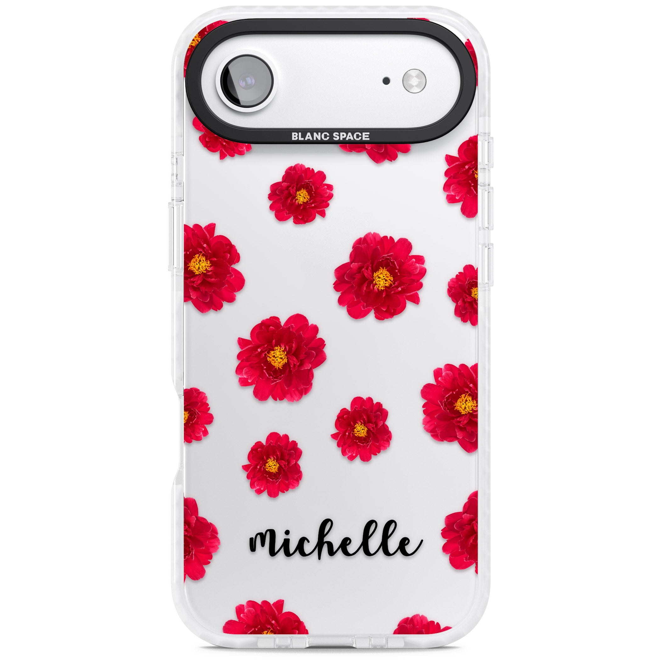 Personalised Red Peonies & Cursive iPhone 17 Air Impact Clear Phone Case