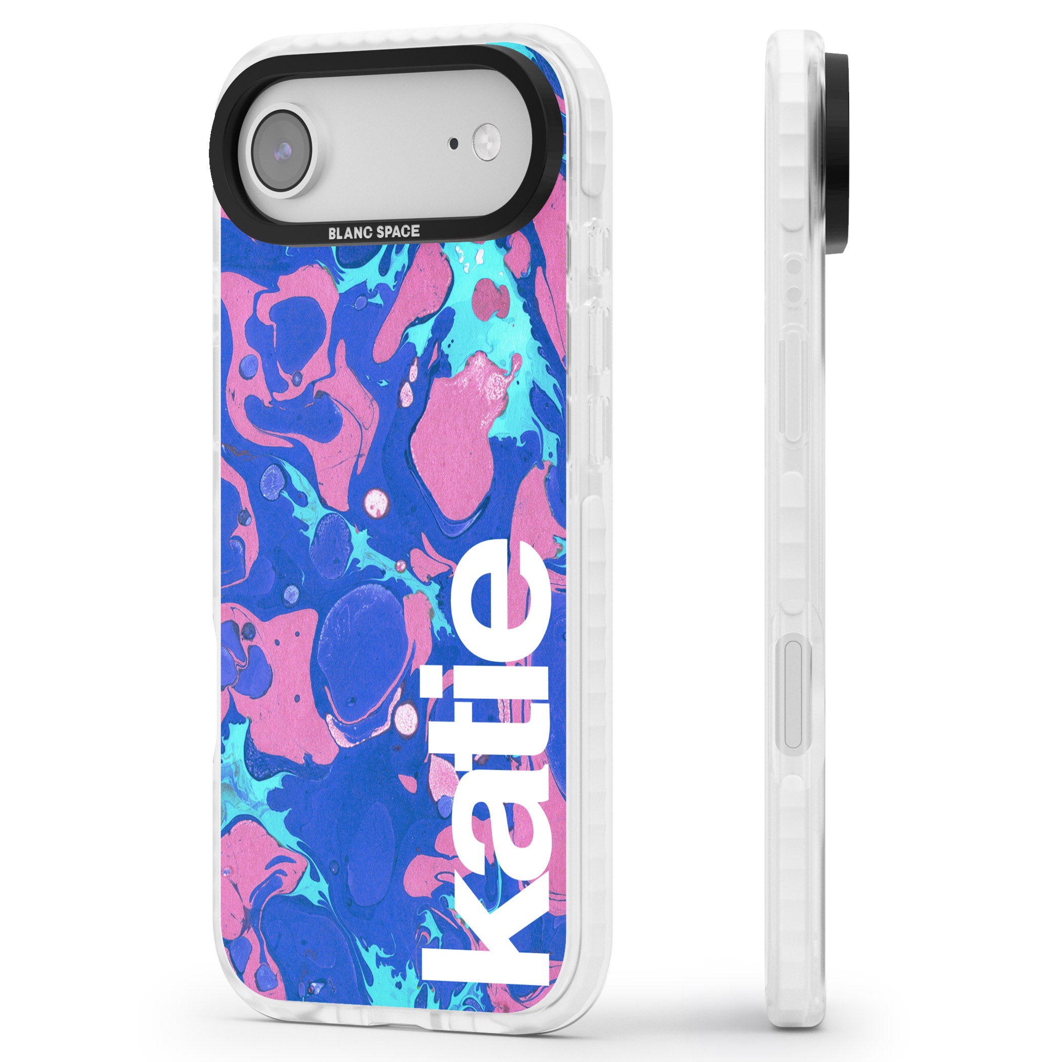 Personalised Navy & Turquoise Marbled iPhone 17 Air Impact Clear Phone Case Side Profile
