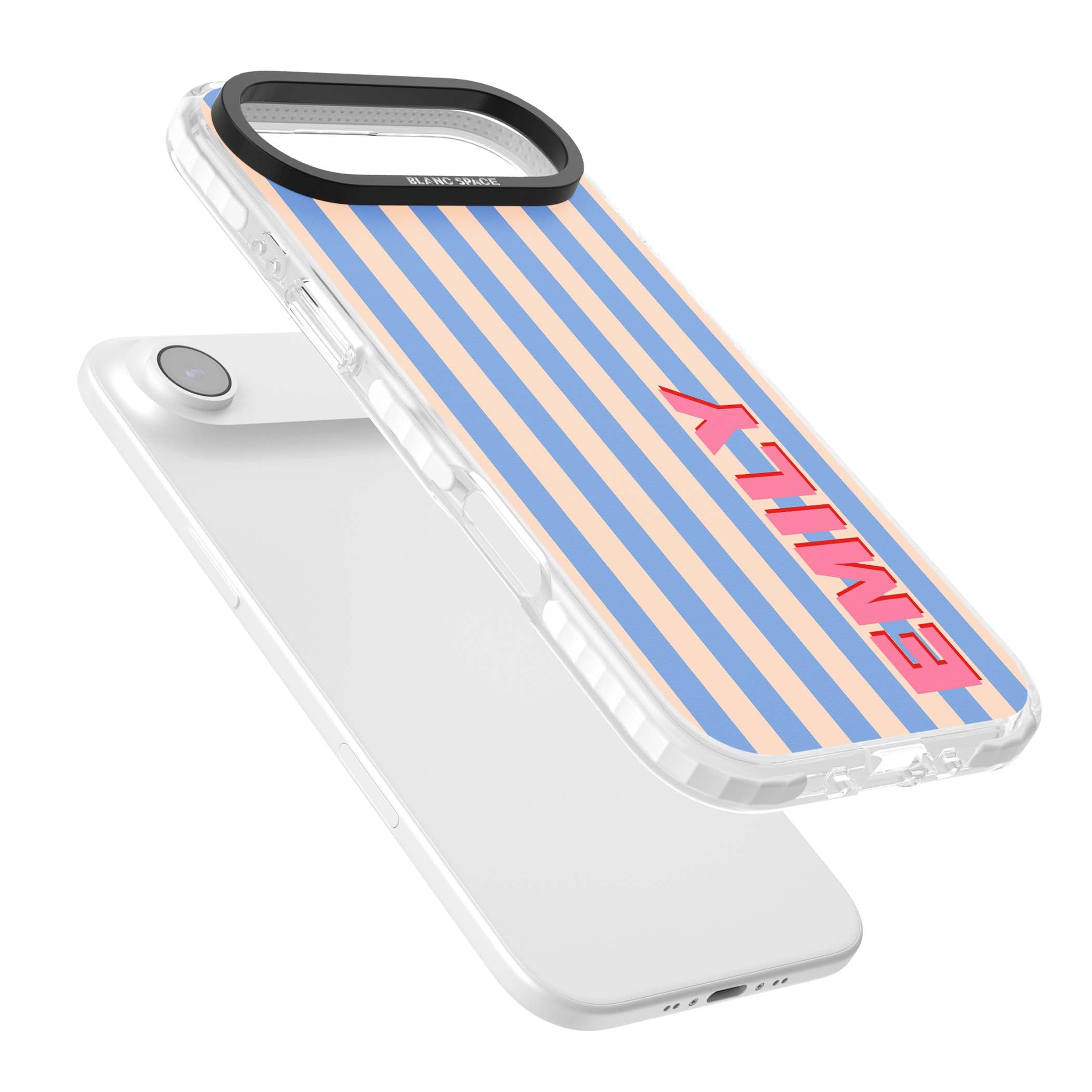 Coastal Stripe personalised coastal iPhone case with blue and peach vertical stripes and custom pink name | Black Impact case for iPhone Air