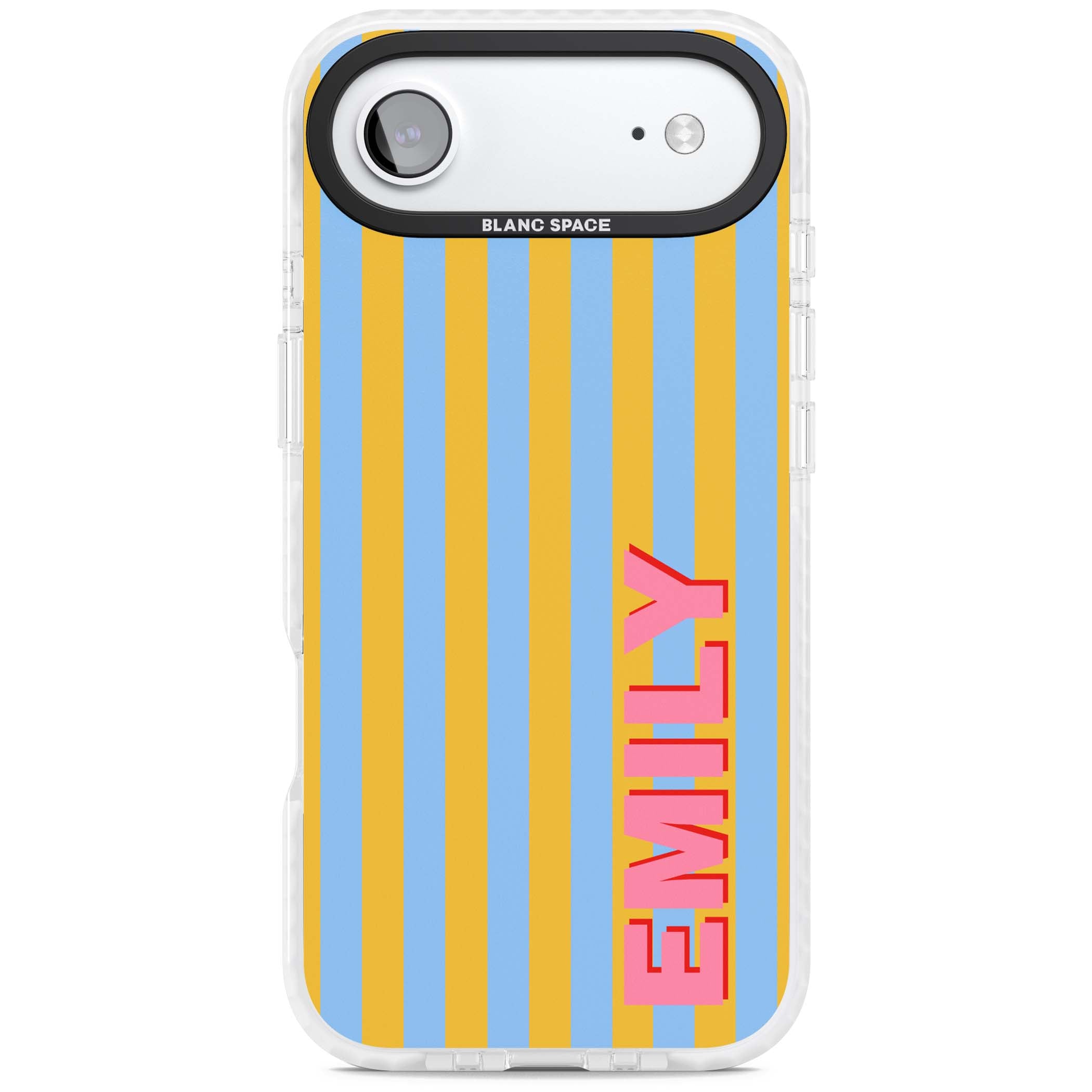 Carribean Stripe personalised coastal iPhone case with yellow and blue vertical stripes and a custom pink name | Black Impact case for iPhone Air