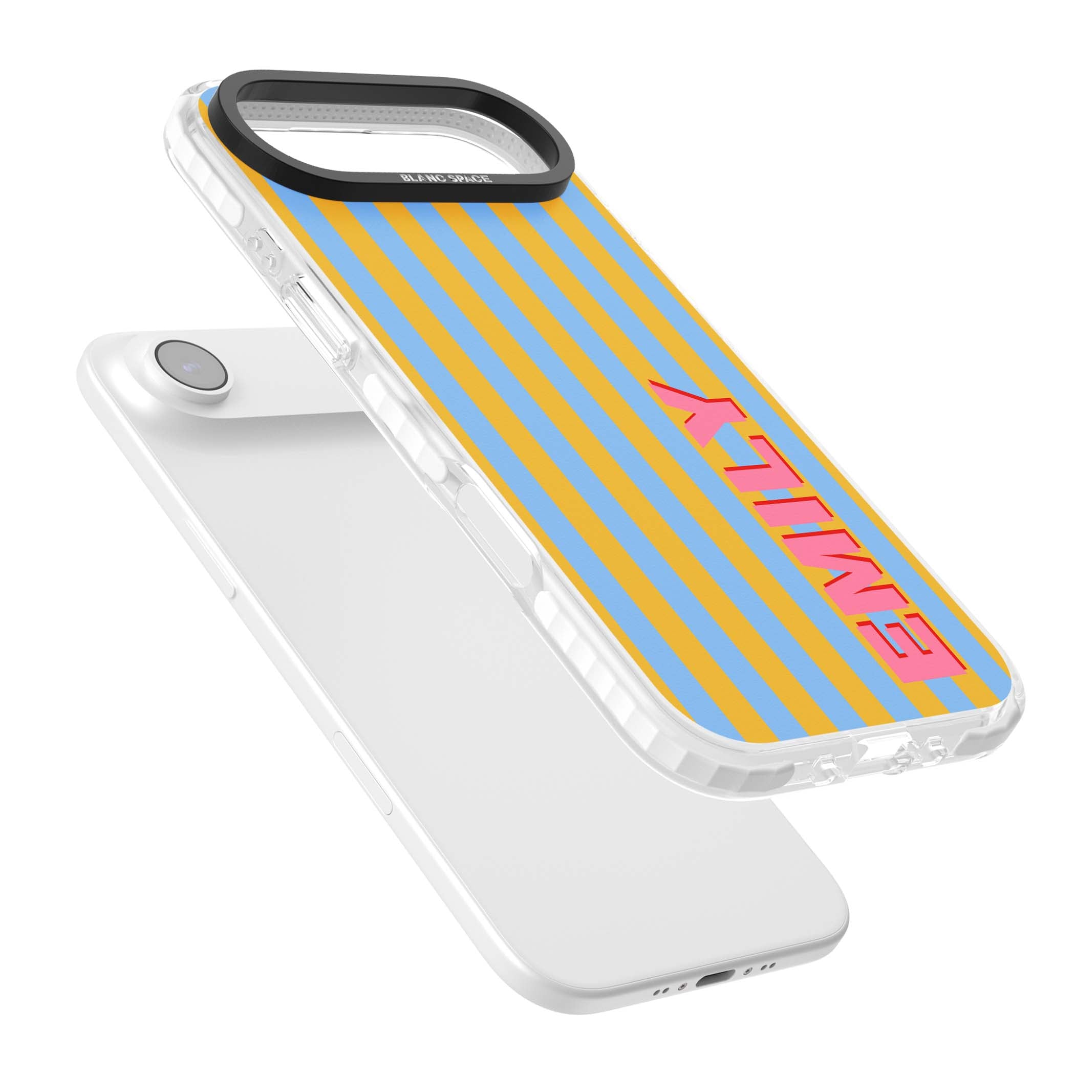 Carribean Stripe personalised coastal iPhone case with yellow and blue vertical stripes and a custom pink name | Black Impact case for iPhone Air