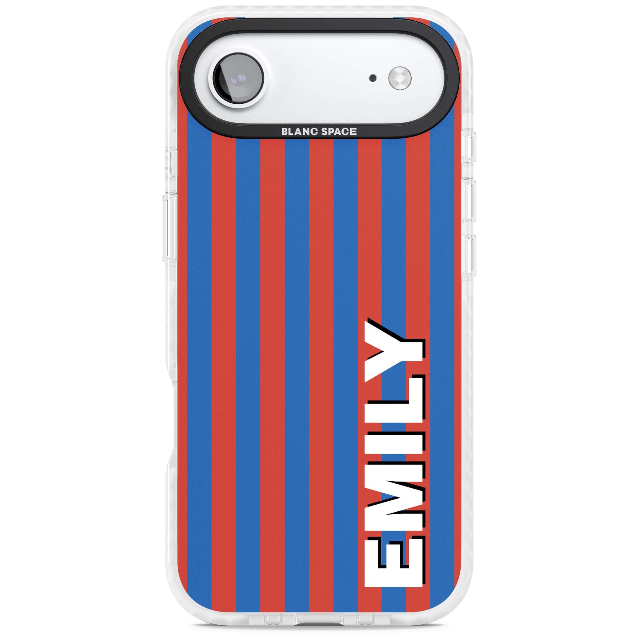 Cuban Stripe personalised iPhone case featuring red and blue vertical stripes with custom name in bold white letters | Black Impact case for iPhone Air