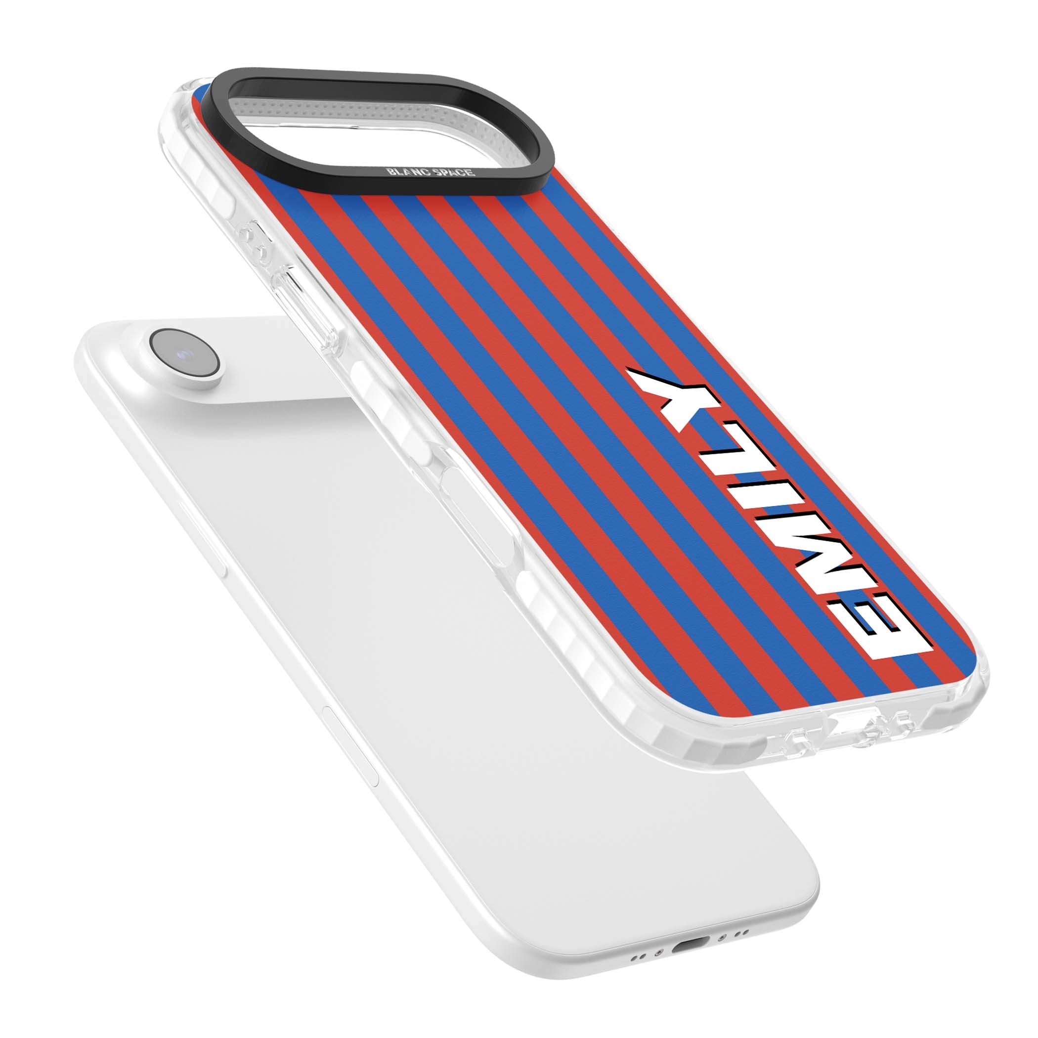 Cuban Stripe personalised iPhone case featuring red and blue vertical stripes with custom name in bold white letters | Black Impact case for iPhone Air