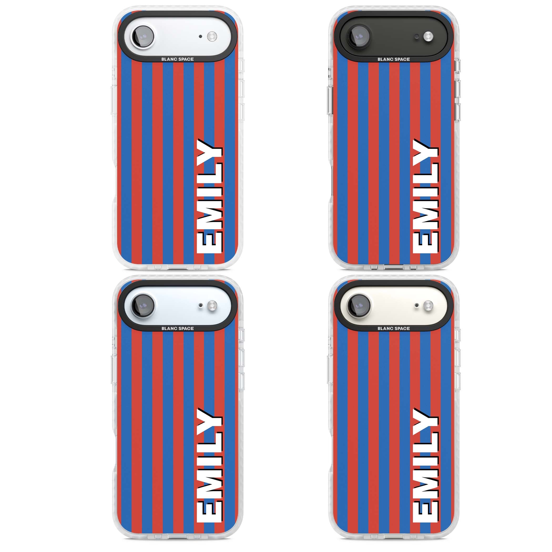Cuban Stripe personalised iPhone case featuring red and blue vertical stripes with custom name in bold white letters | Black Impact case for iPhone Air