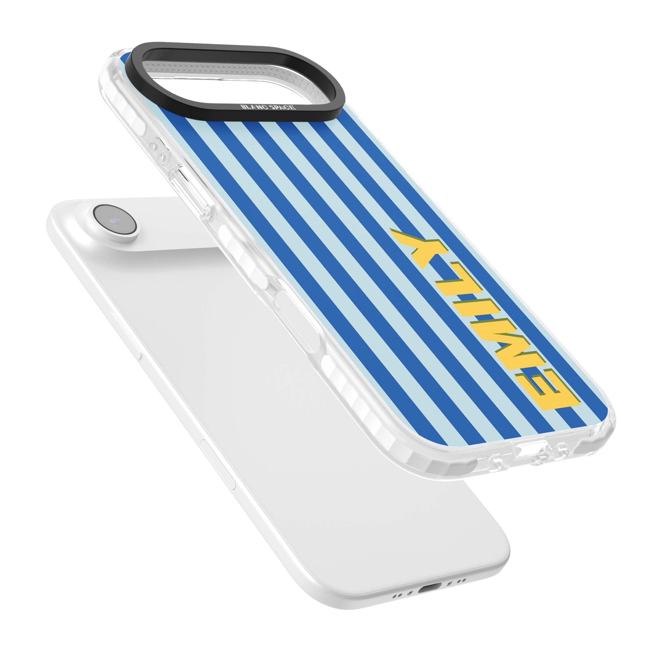 Athenian Stripe personalised preppy iPhone case featuring blue vertical stripes and a custom yellow name | Black Impact case for iPhone Air