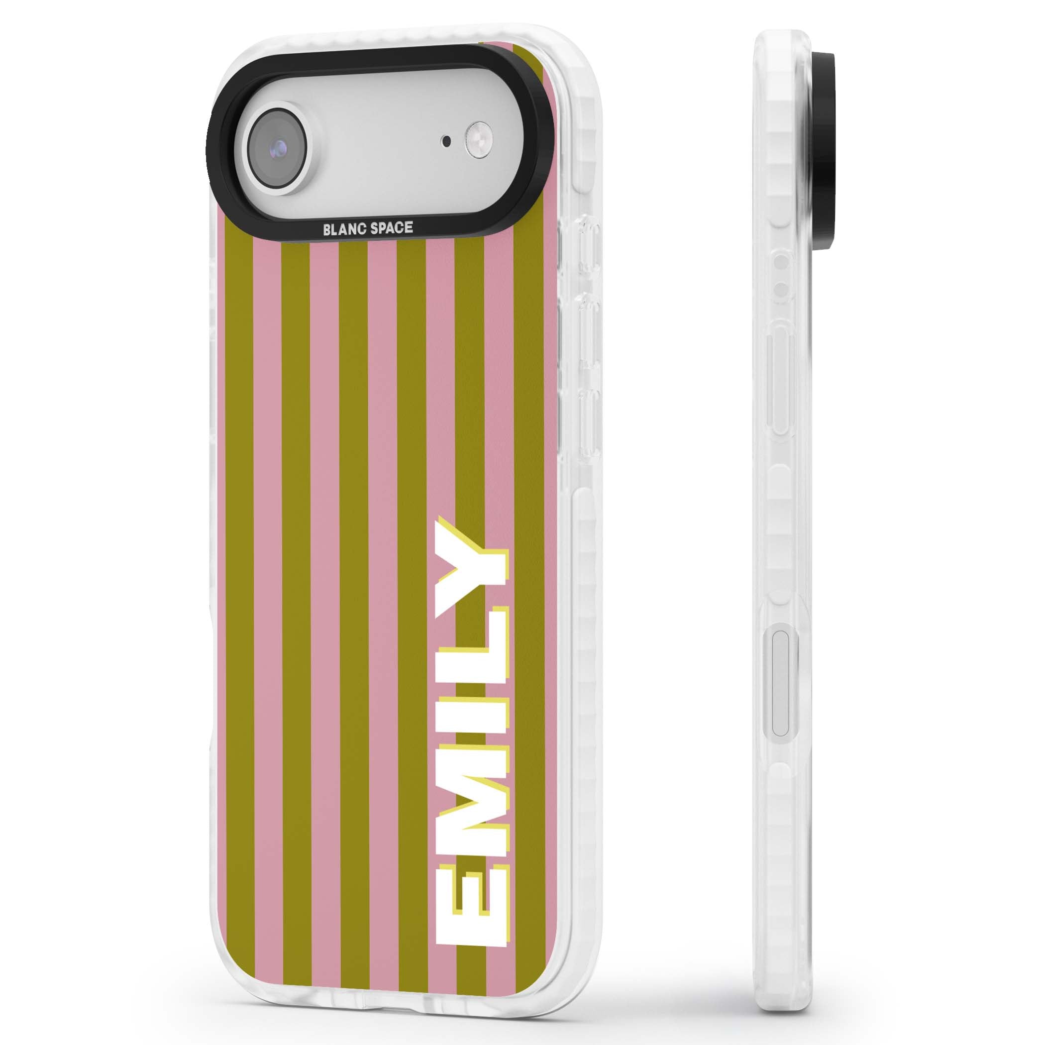 Istanbul Stripe personalised iPhone case featuring pink and olive green vertical stripes with a custom vertical name | Black Impact case for iPhone Air