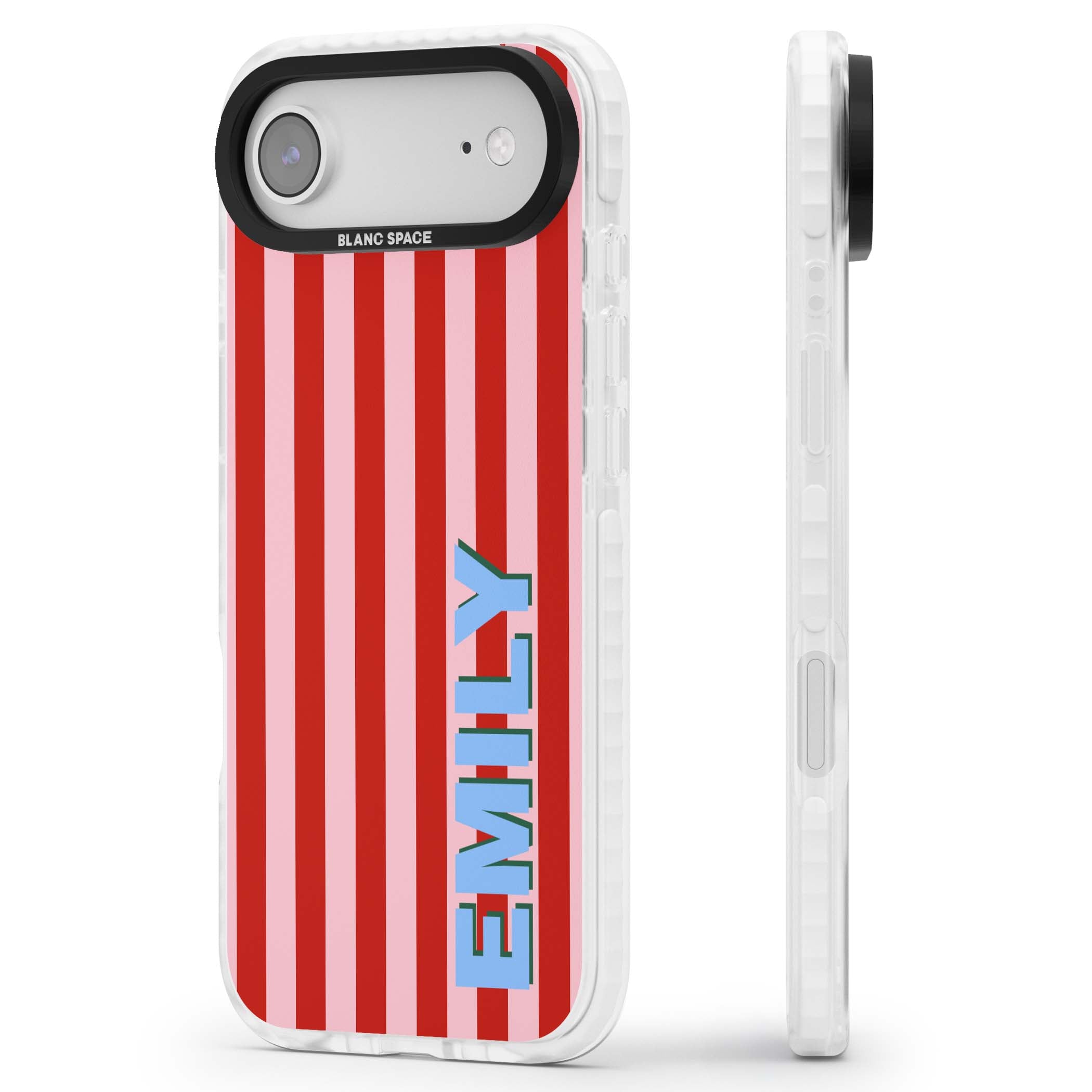 Market Stripe personalised iPhone case with red and pink vertical stripes and custom blue name | Black Impact case for iPhone Air