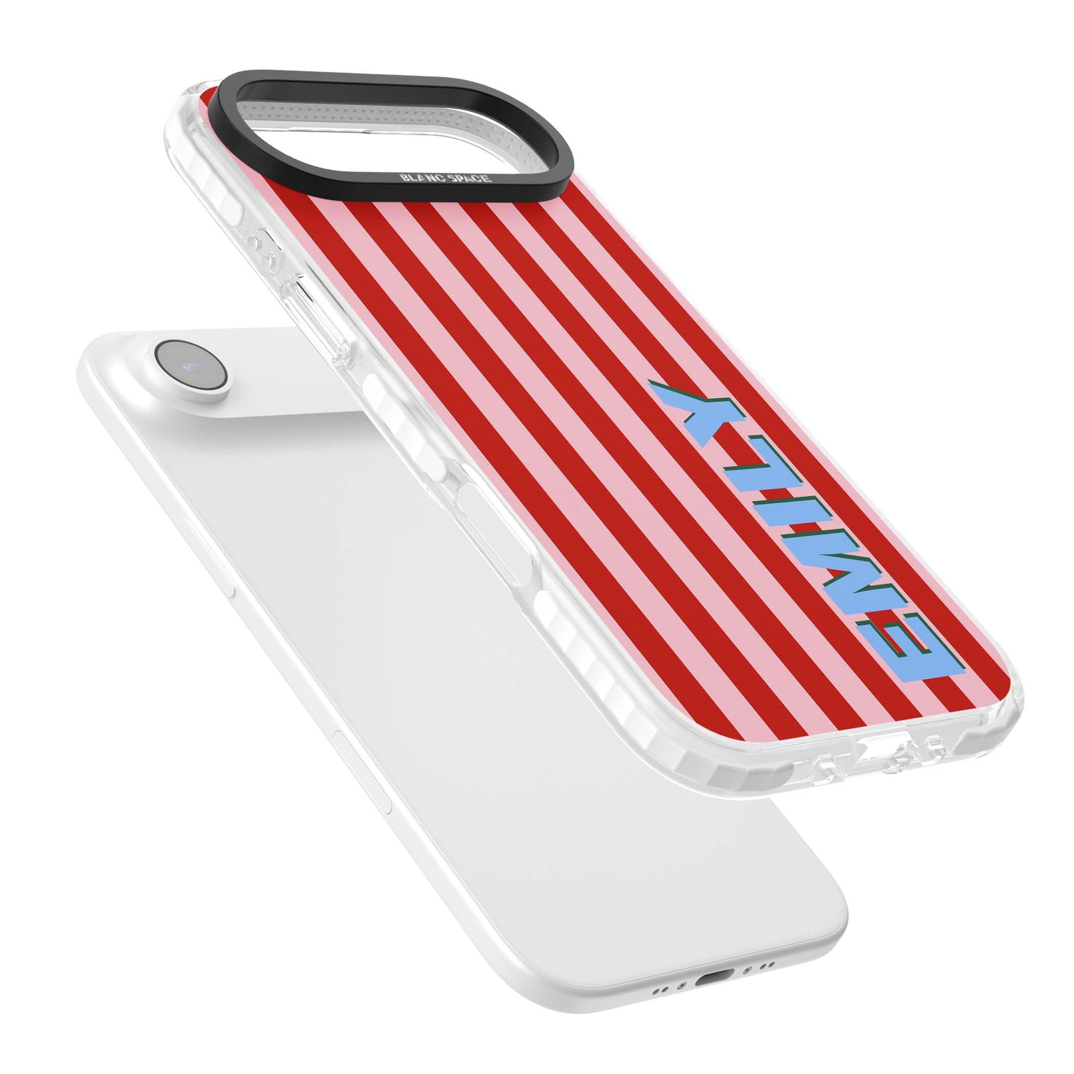 Market Stripe personalised iPhone case with red and pink vertical stripes and custom blue name | Black Impact case for iPhone Air