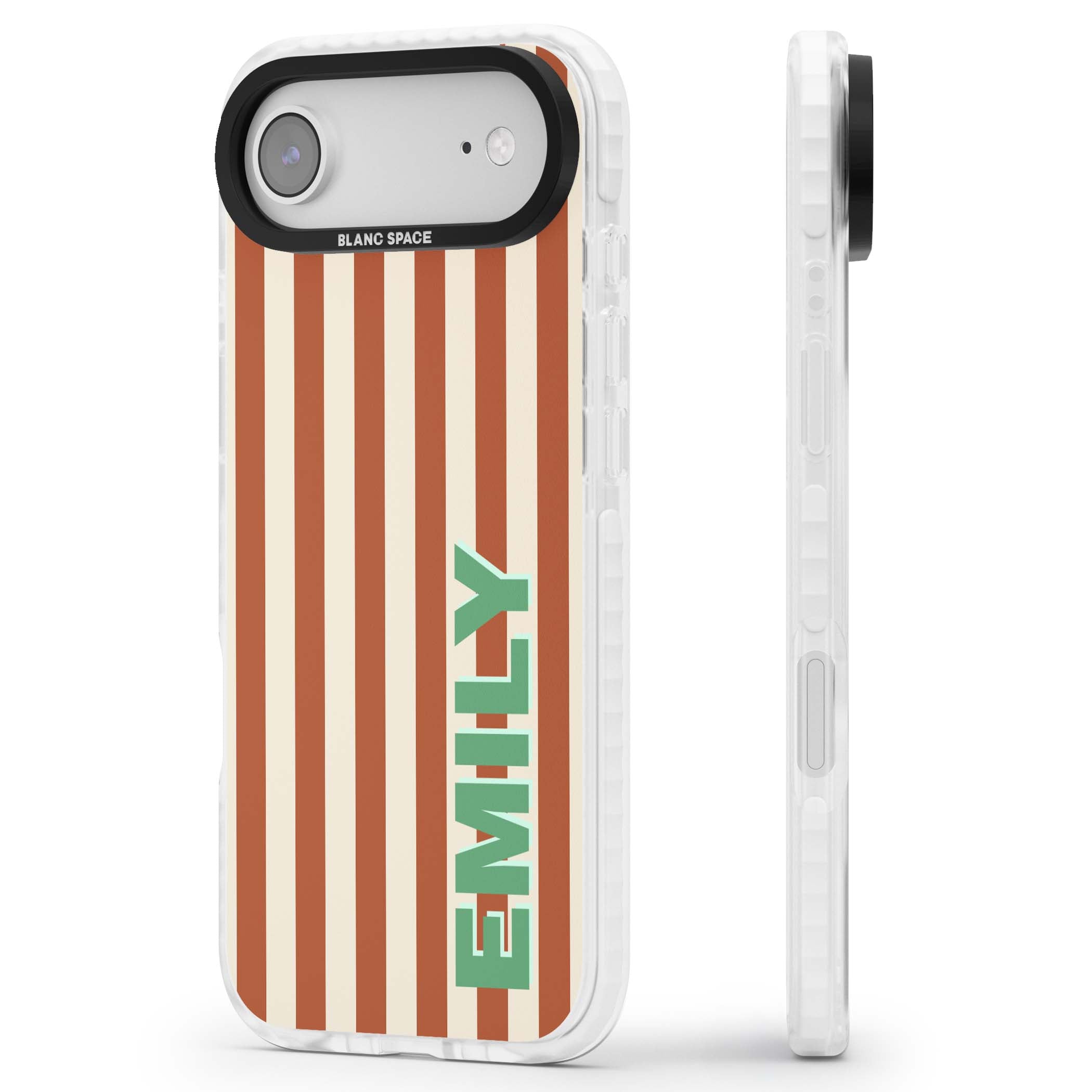 Dune Stripe personalised iPhone case with rust and cream vertical stripes and custom name in mint green | Black Impact case for iPhone Air