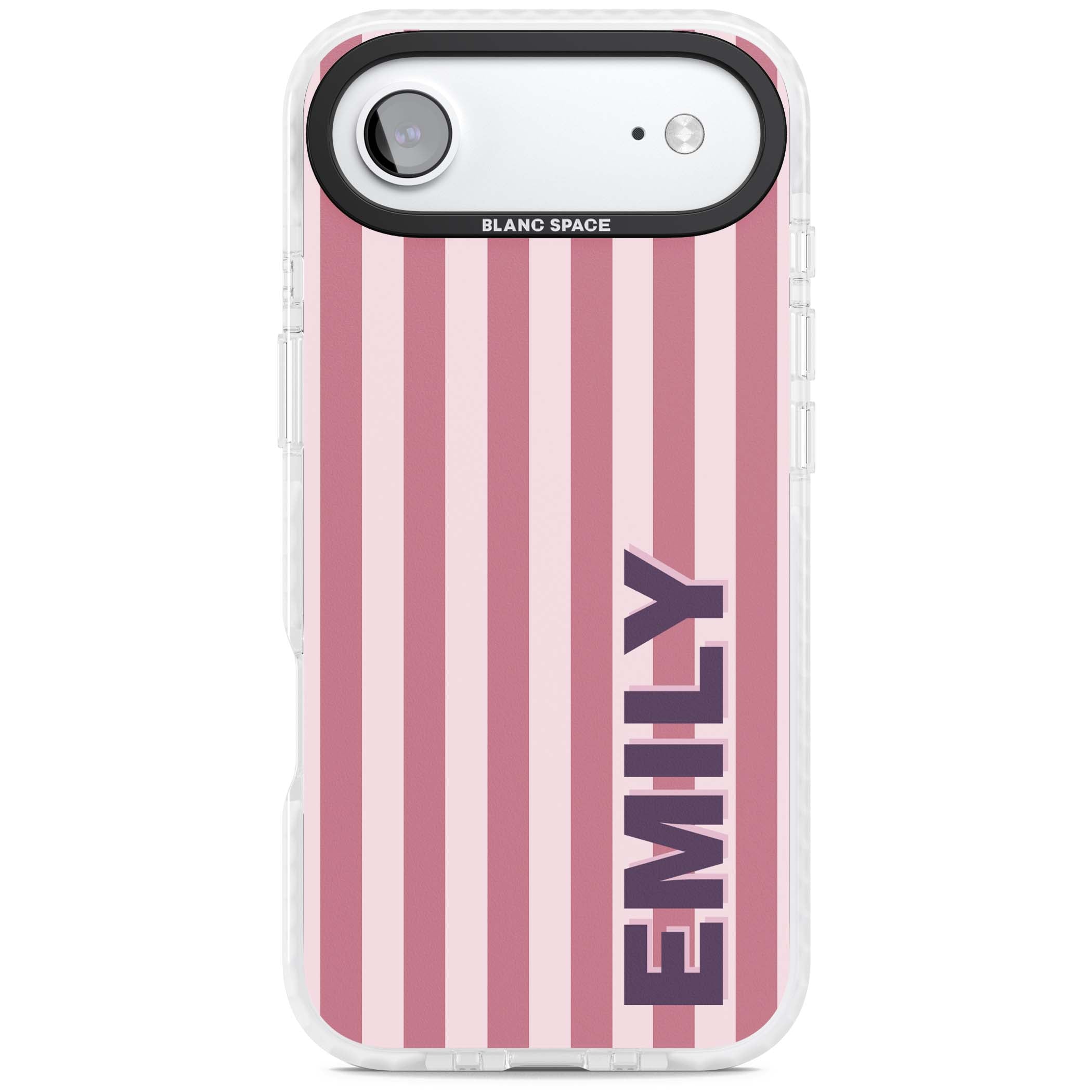 Victoria Stripe personalised iPhone case featuring pink vertical stripes and custom name in bold plum lettering | Black Impact case for iPhone Air