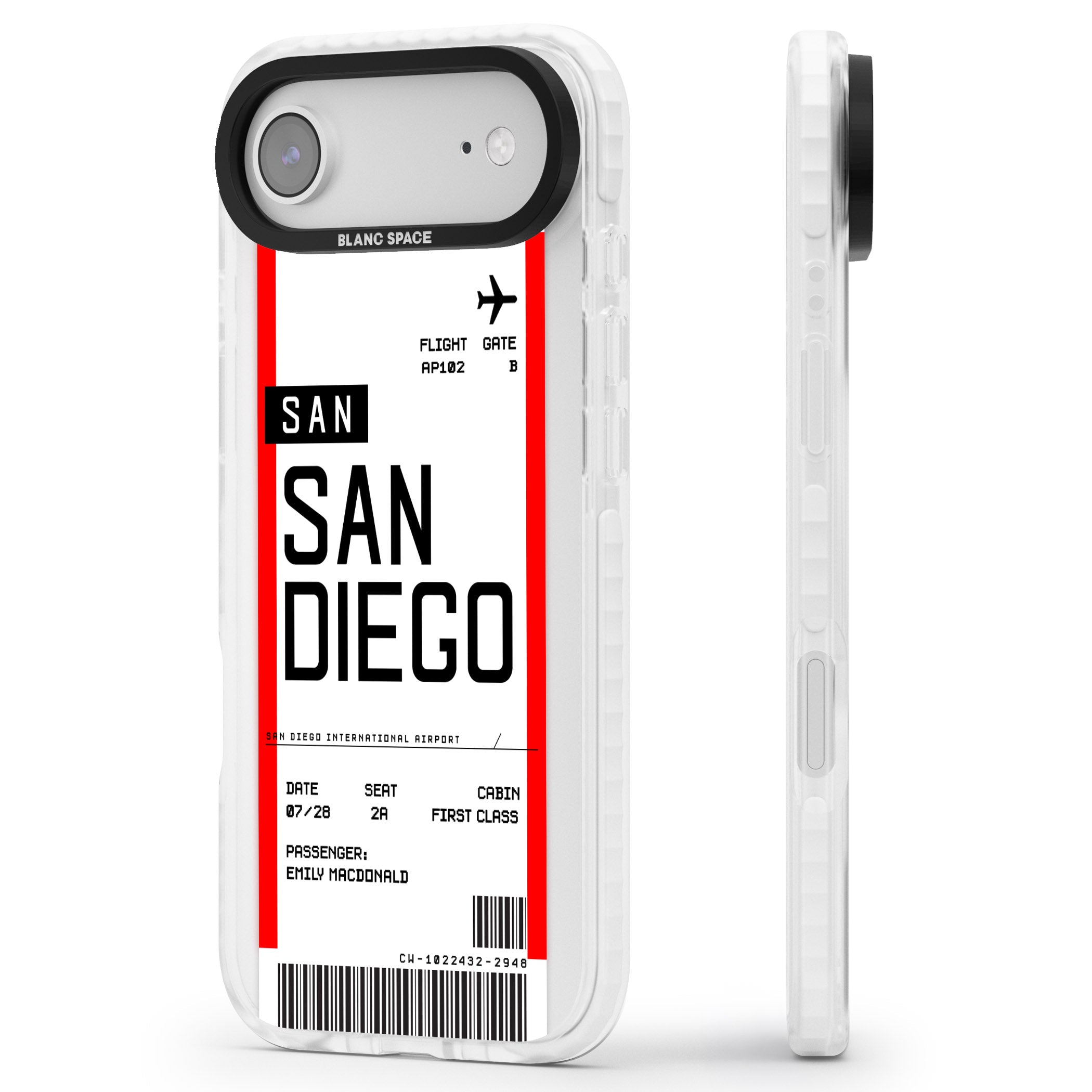 Personalised San Diego Boarding Pass iPhone 17 Air Impact Clear Phone Case Side Profile