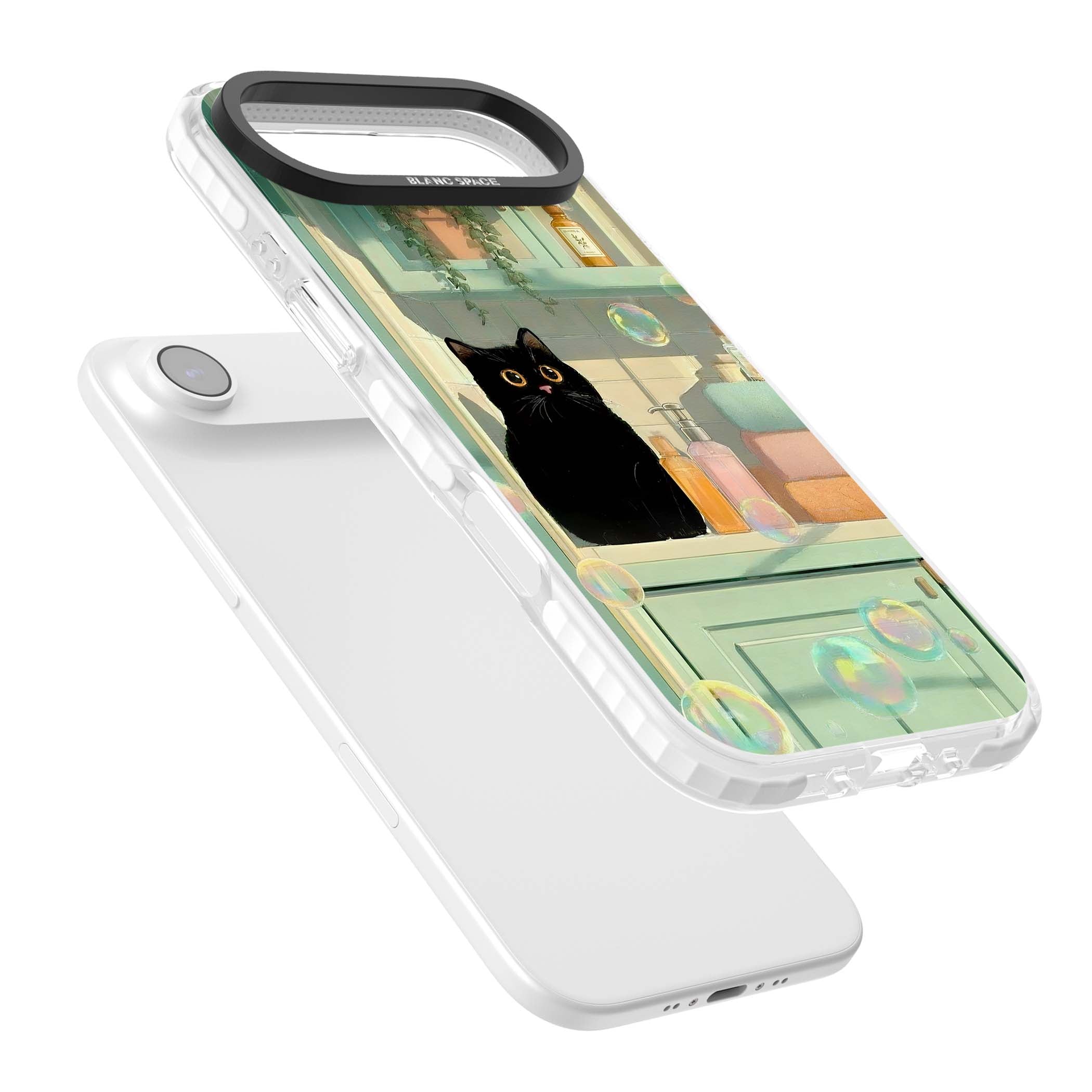 Bathroom Bubble Kitty cottagecore iPhone case featuring a black cat, mint bathroom scene and floating soap bubbles | Black Impact case for iPhone Air