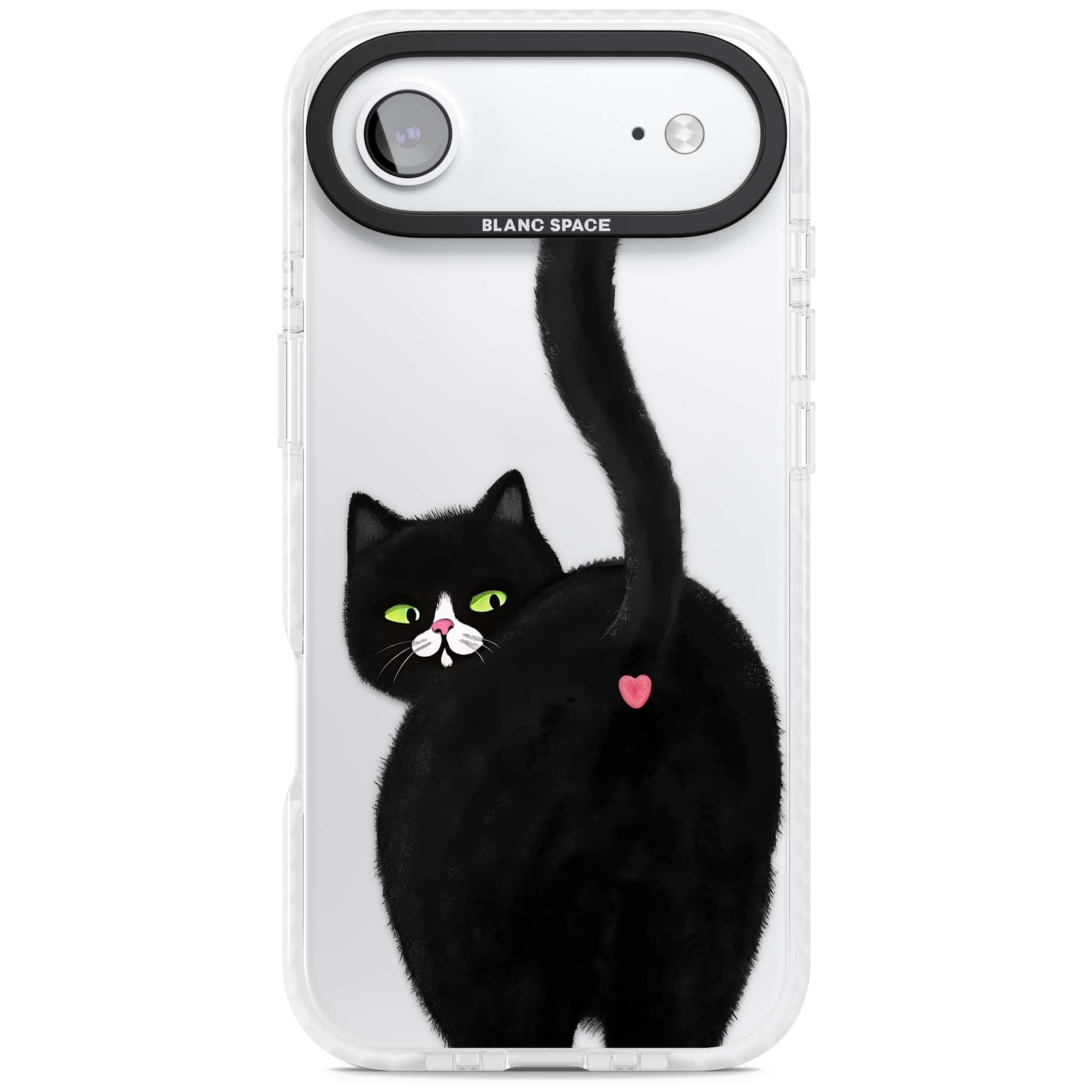 The Cat's Kiss cute cat iPhone case featuring a hand-painted tuxedo kitty with green eyes and a pink heart on a clear  | Black Impact case for iPhone Air