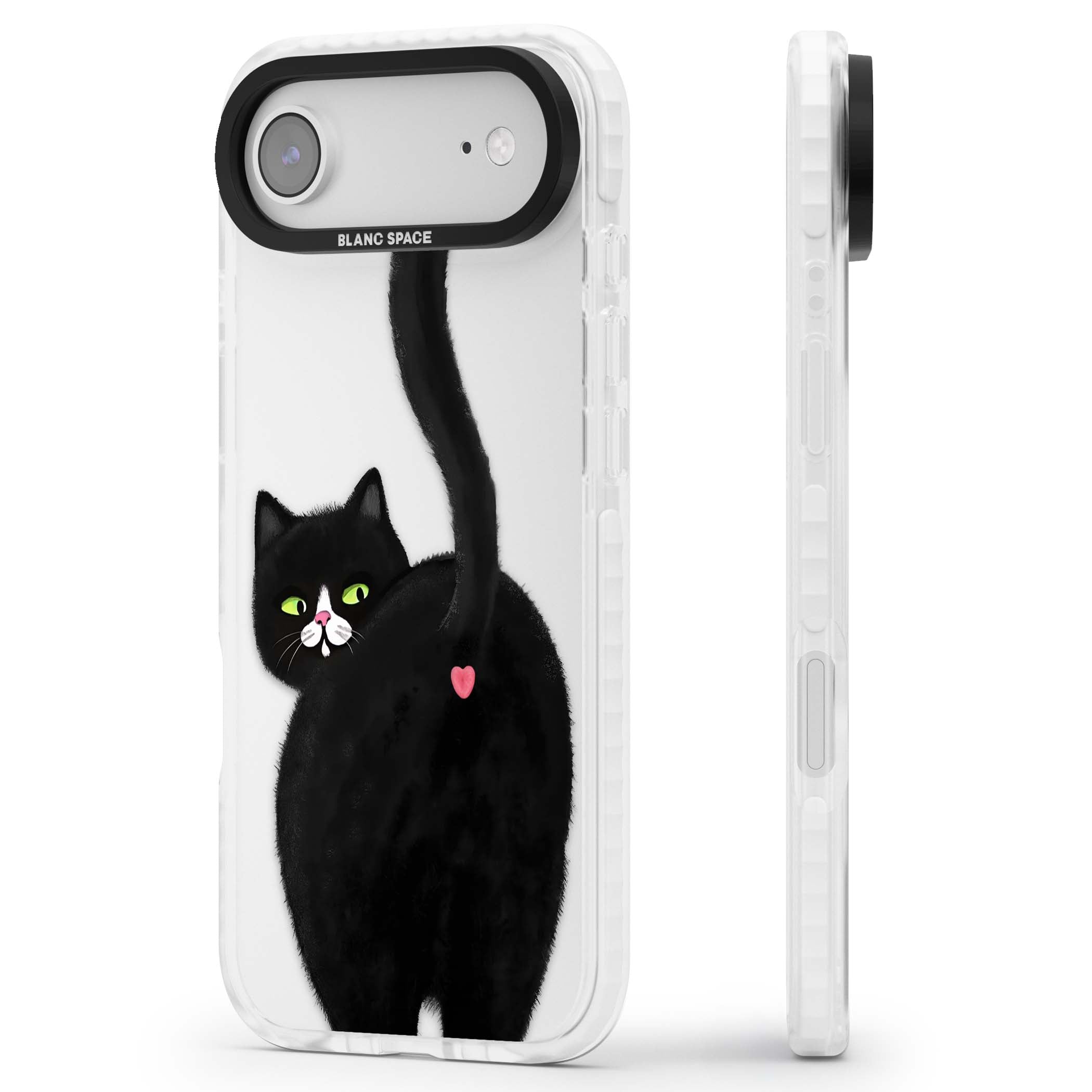 The Cat's Kiss cute cat iPhone case featuring a hand-painted tuxedo kitty with green eyes and a pink heart on a clear  | Black Impact case for iPhone Air