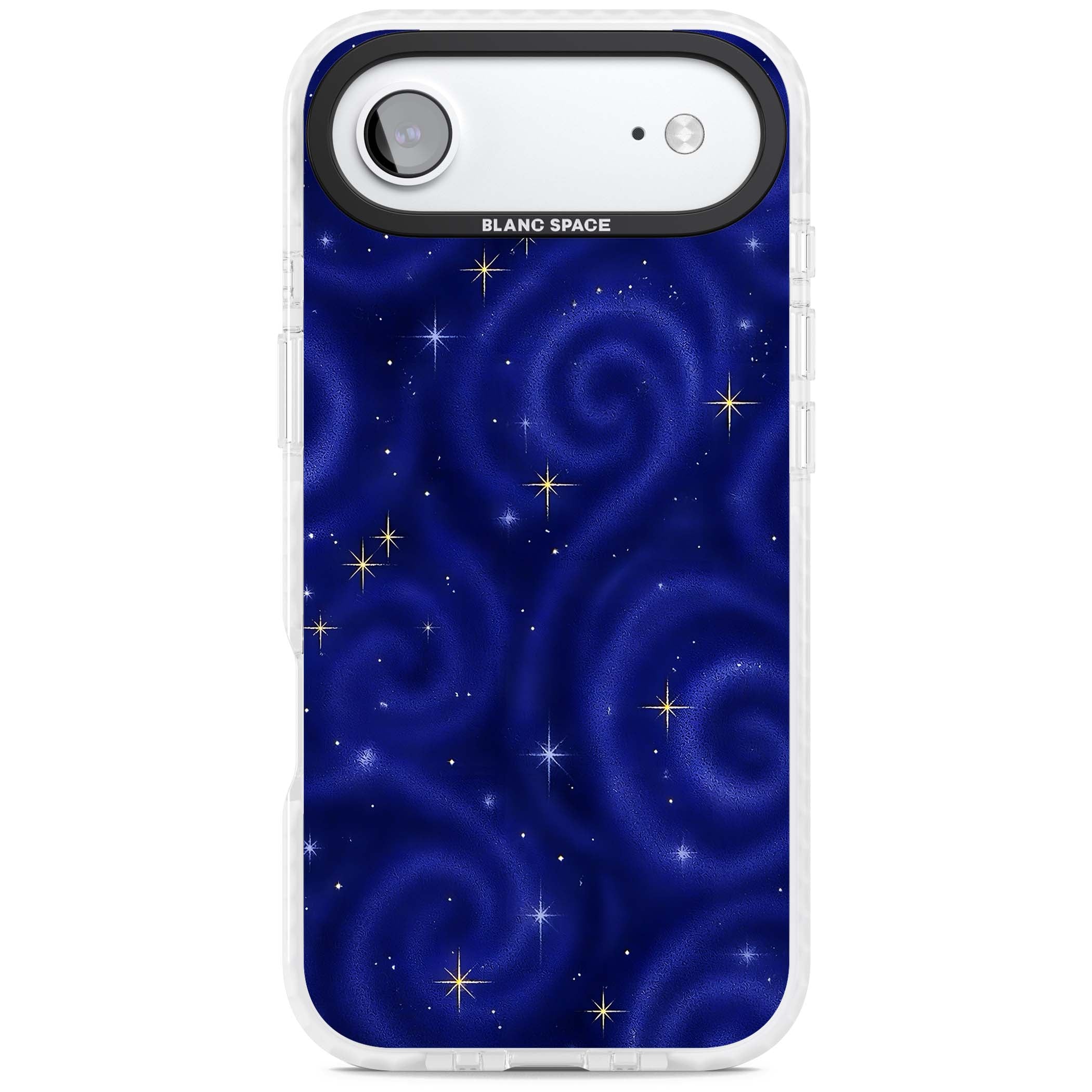 Indigo Cosmos celestial iPhone case featuring swirling navy night sky and sparkling golden stars | Black Impact case for iPhone Air