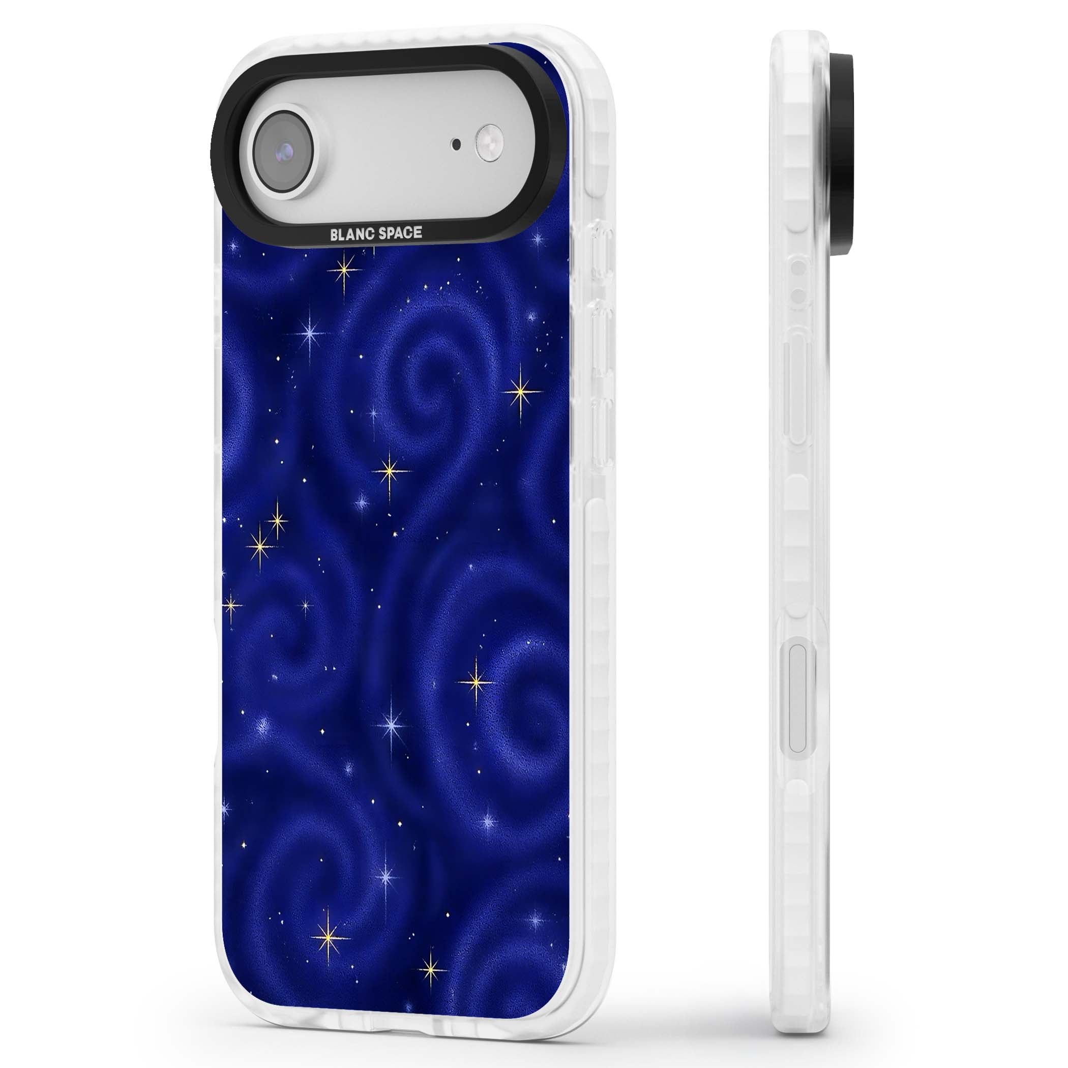 Indigo Cosmos celestial iPhone case featuring swirling navy night sky and sparkling golden stars | Black Impact case for iPhone Air