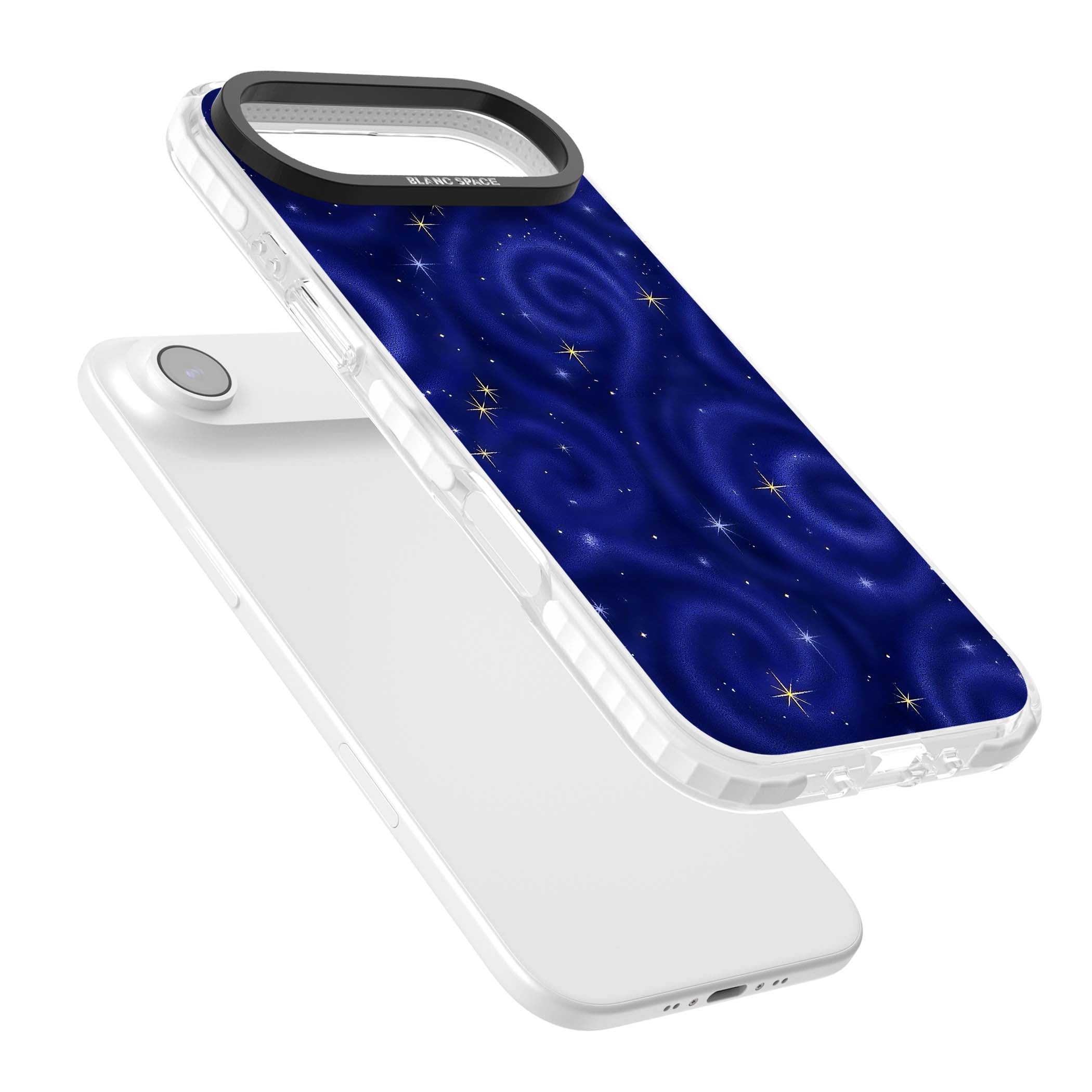 Indigo Cosmos celestial iPhone case featuring swirling navy night sky and sparkling golden stars | Black Impact case for iPhone Air