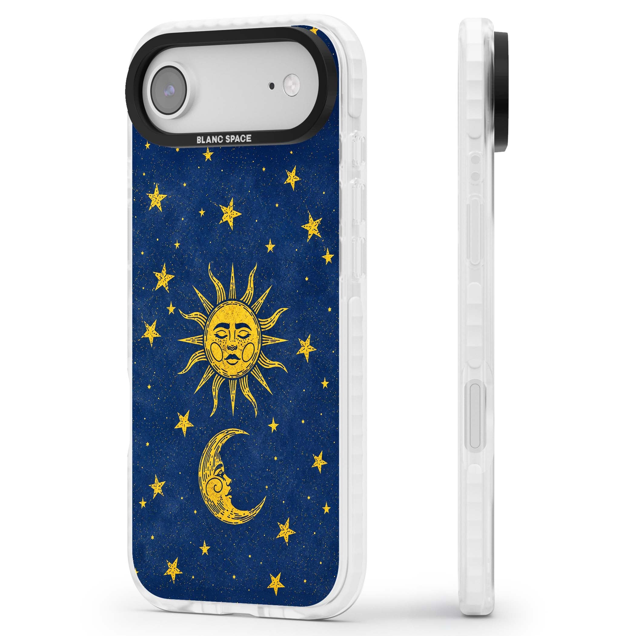 Sun & Moon Reverie celestial iPhone case featuring a vintage golden sun, crescent moon and scattered stars on midnight blue | Black Impact case for iPhone Air