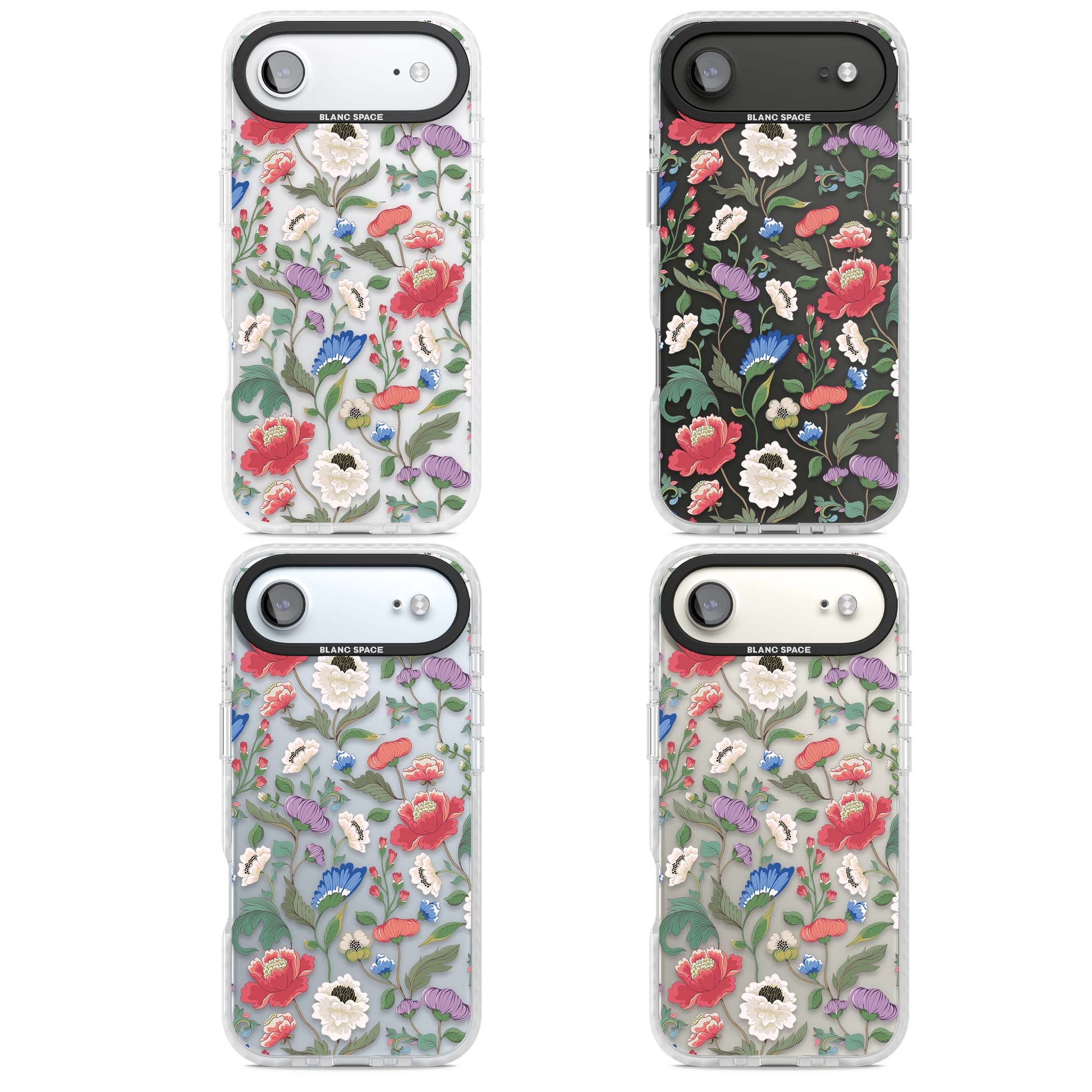 Chinoiserie Bloom vintage floral iPhone case featuring hand-painted peonies, poppies and trailing wildflowers on clear... | Black Impact case for iPhone Air