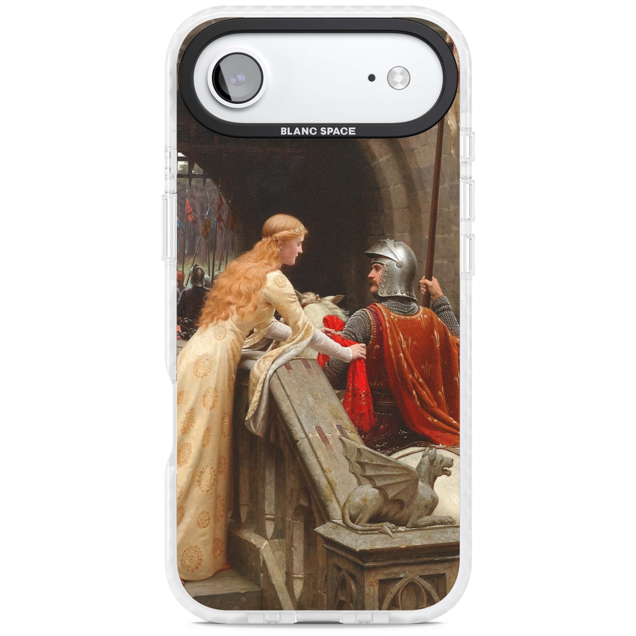 God Speed fine art iPhone case featuring Edmund Blair Leighton's medieval knight and lady beneath a stone archway | Black Impact case for iPhone Air