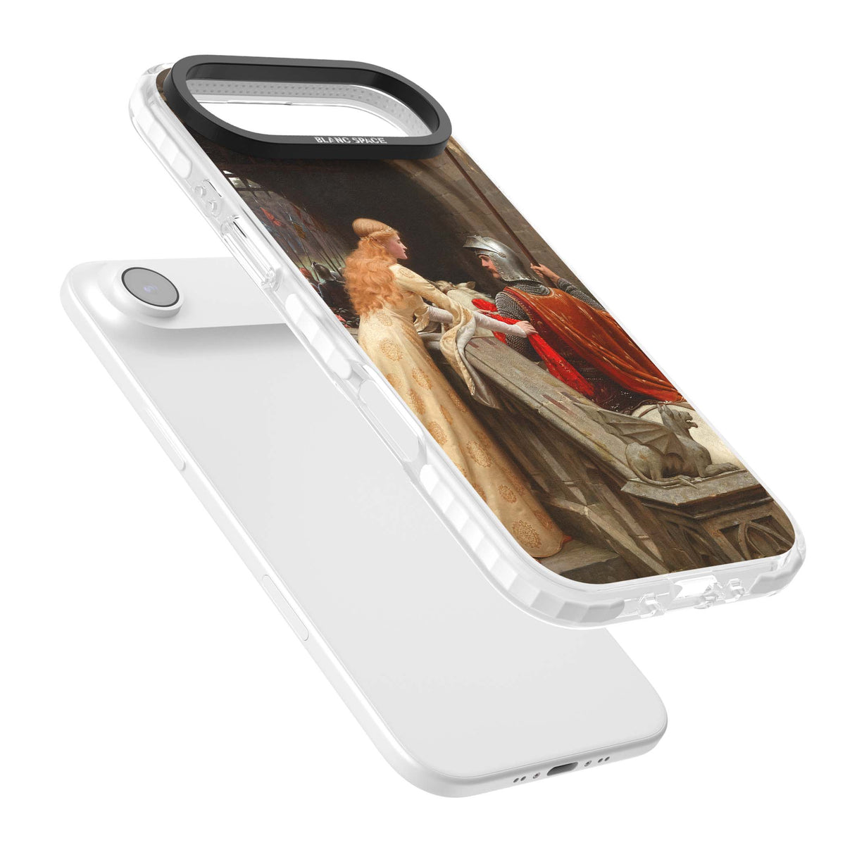 God Speed fine art iPhone case featuring Edmund Blair Leighton's medieval knight and lady beneath a stone archway | Black Impact case for iPhone Air