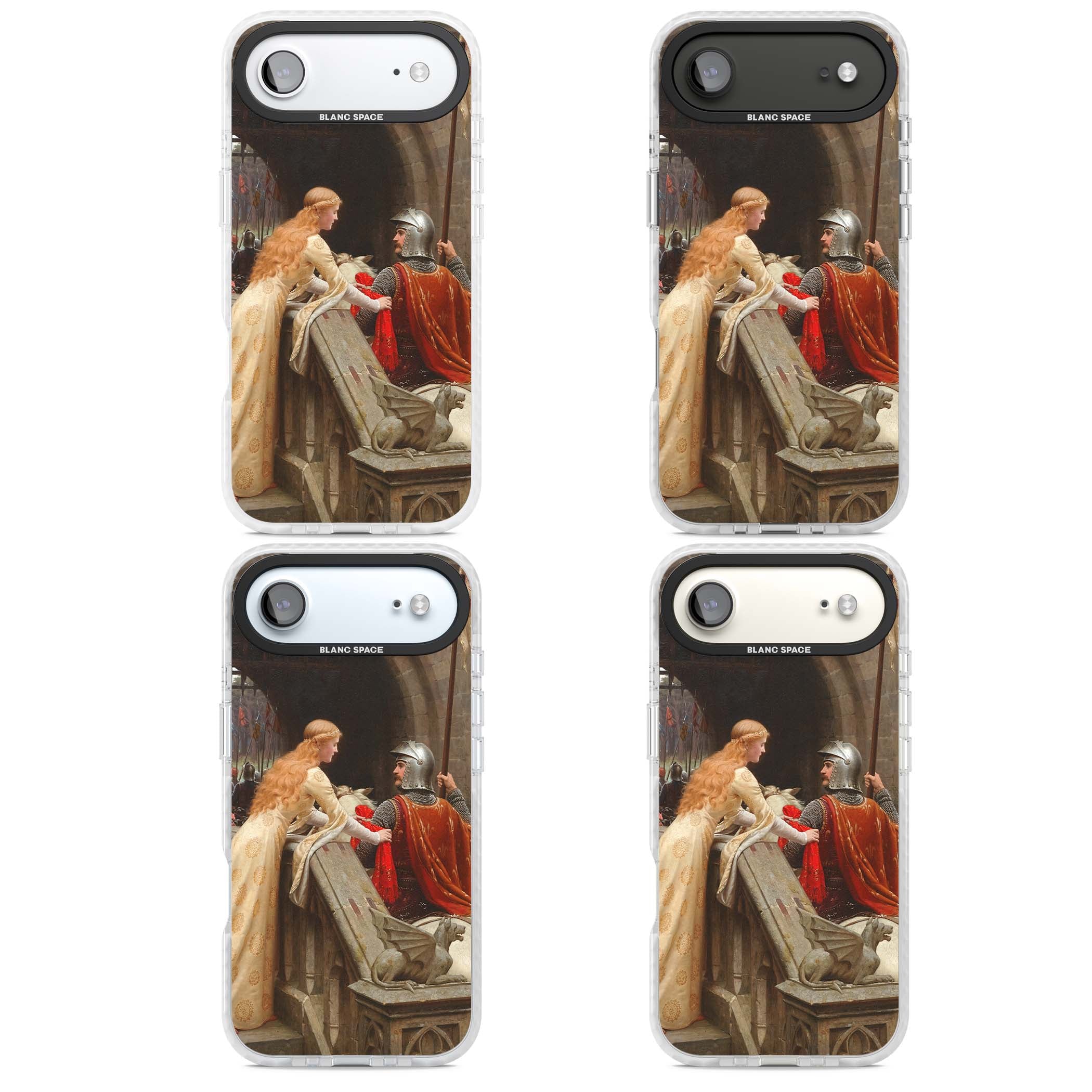 God Speed fine art iPhone case featuring Edmund Blair Leighton's medieval knight and lady beneath a stone archway | Black Impact case for iPhone Air