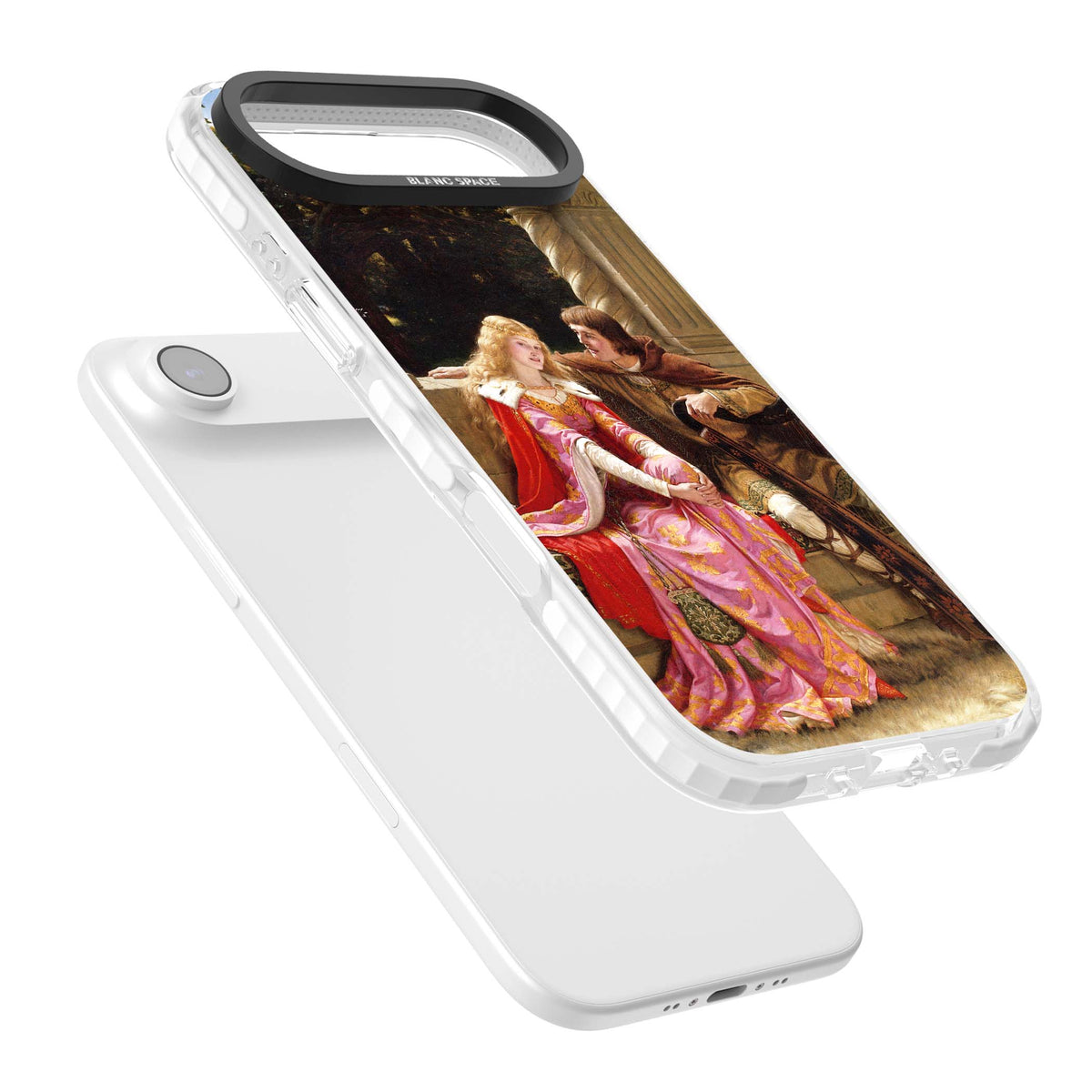 The End of the Song classic art iPhone case featuring a medieval lady in pink gown and her knight in a stone archway | Black Impact case for iPhone Air