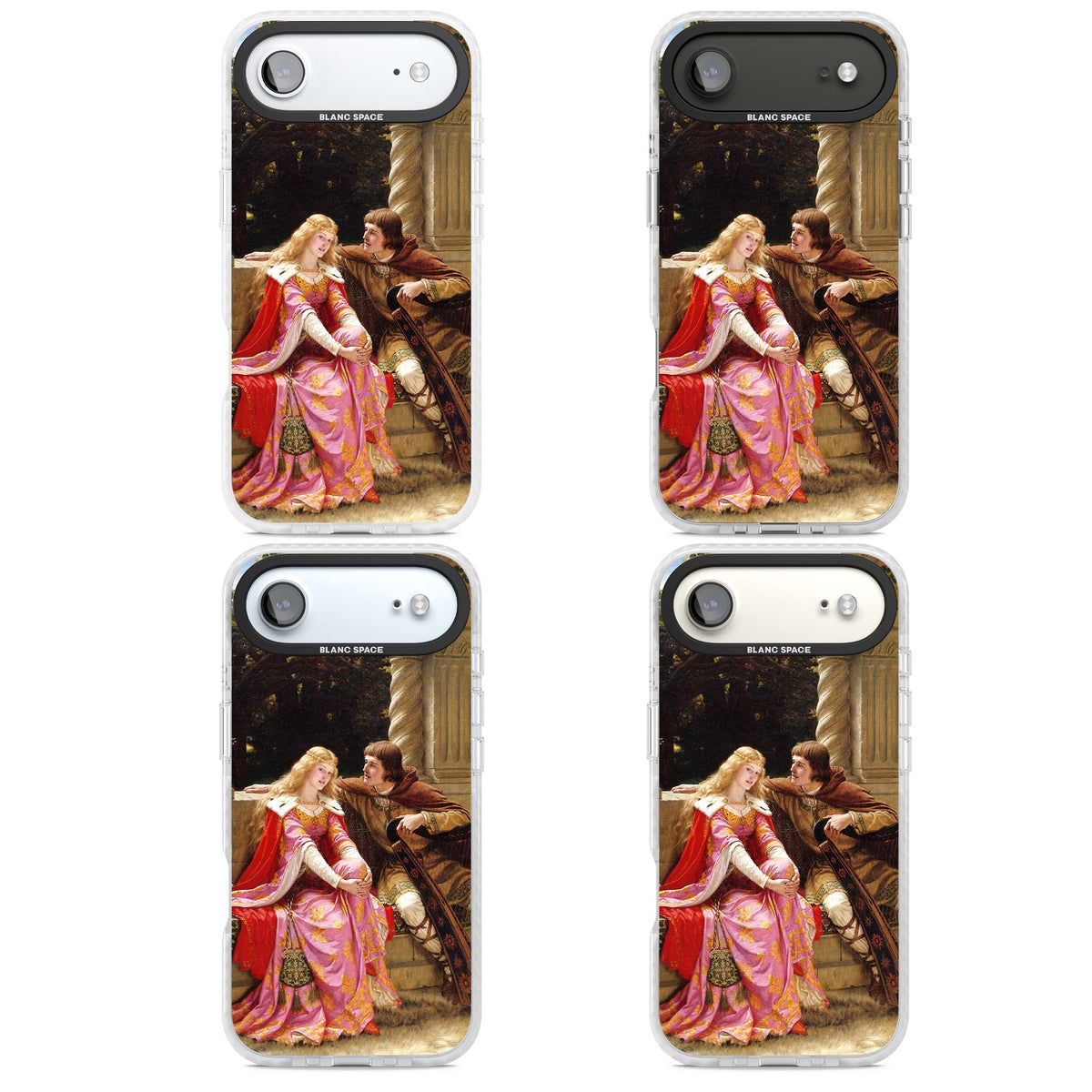The End of the Song classic art iPhone case featuring a medieval lady in pink gown and her knight in a stone archway | Black Impact case for iPhone Air