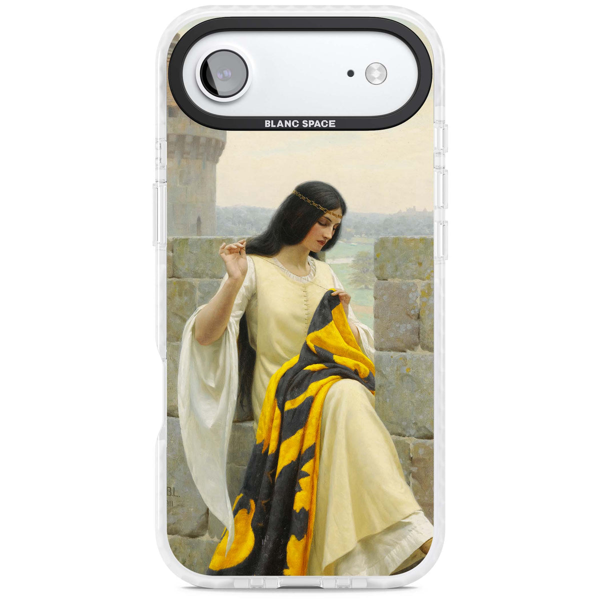 Stitching the Standard renaissance art iPhone case featuring a medieval lady sewing a golden banner on a castle wall | Black Impact case for iPhone Air