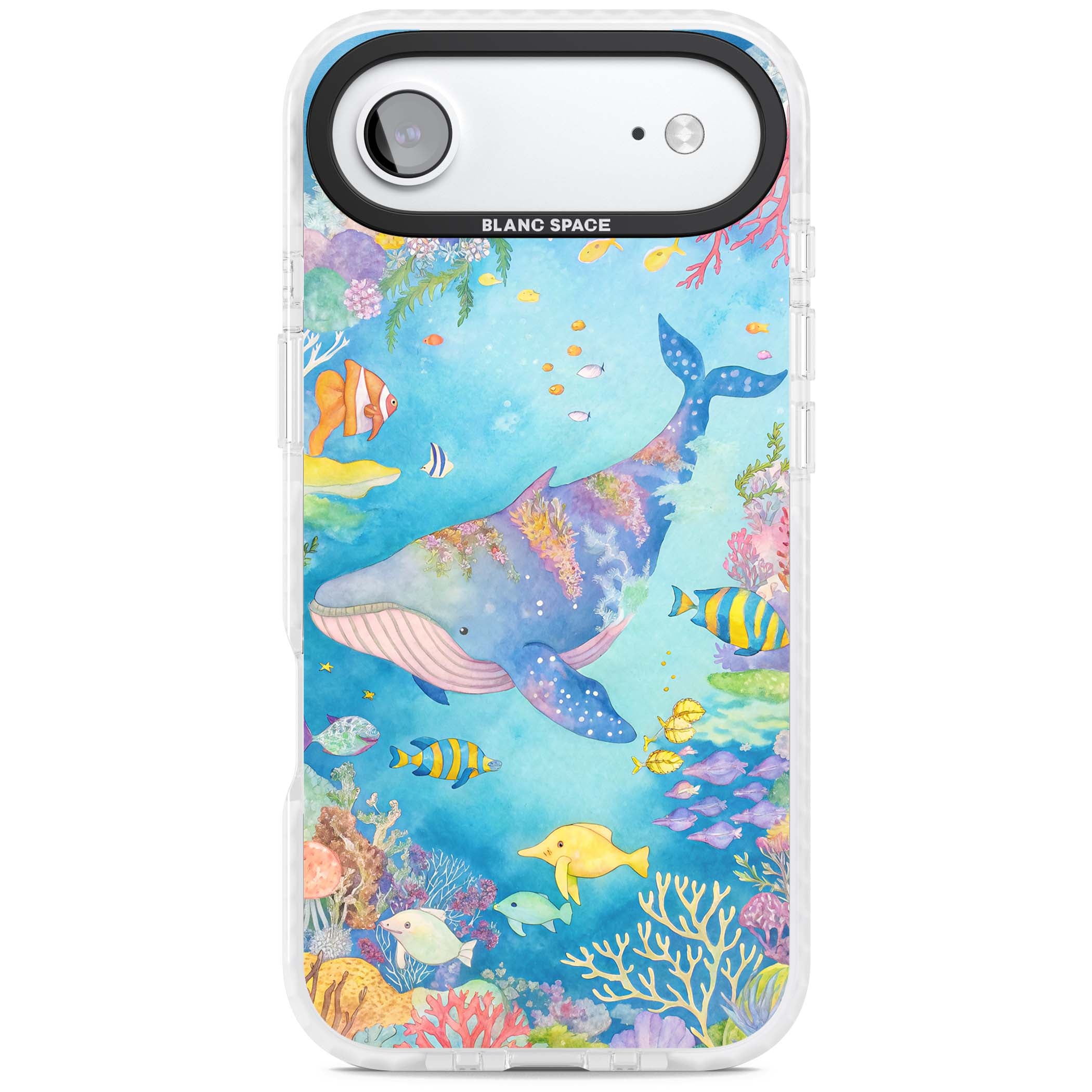 Coral Lagoon ocean iPhone case featuring a watercolour whale, coral reef and tropical fish | Black Impact case for iPhone Air