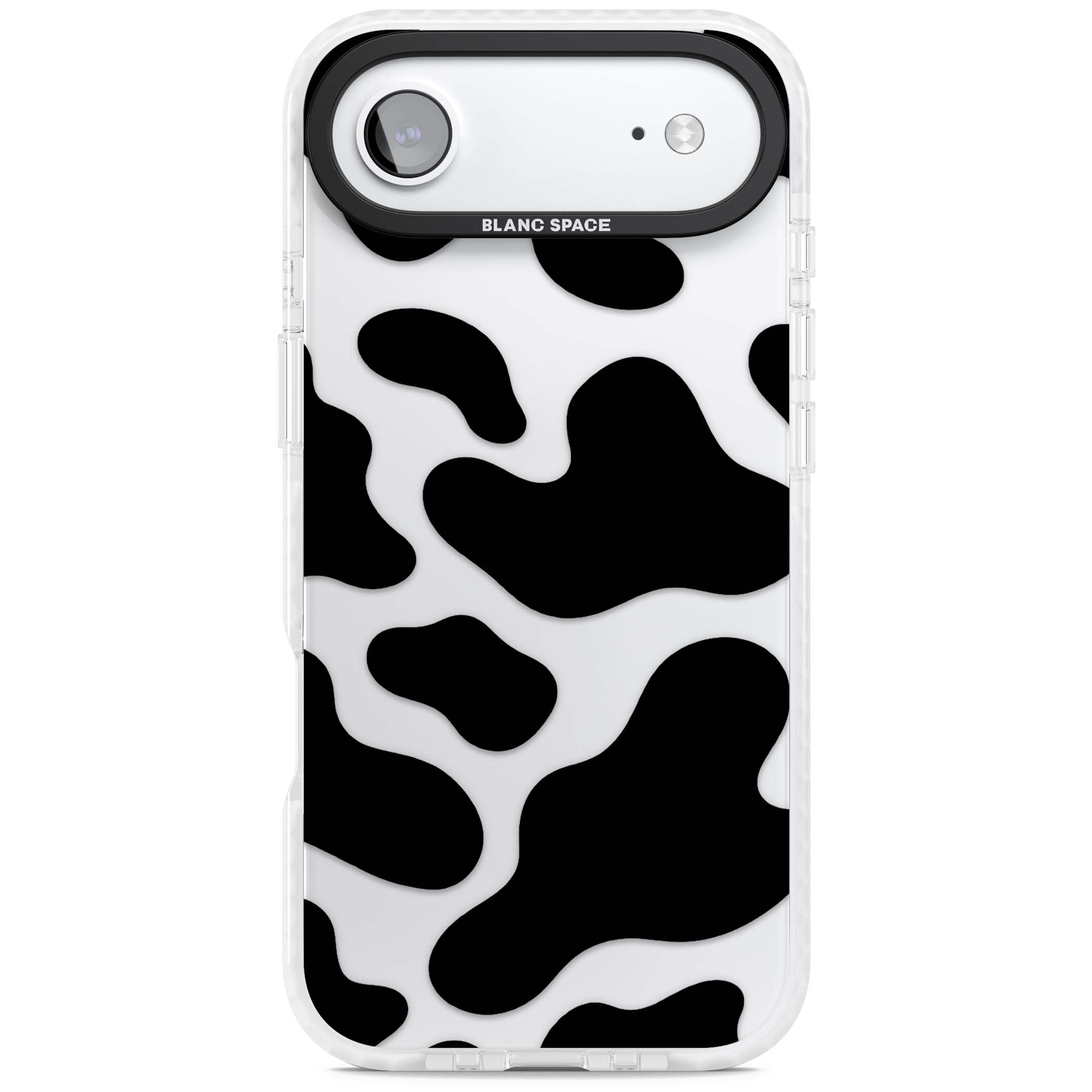 Clear Cow Print cow print iPhone case featuring black and white cow pattern splotches on a clear background | Black Impact case for iPhone Air
